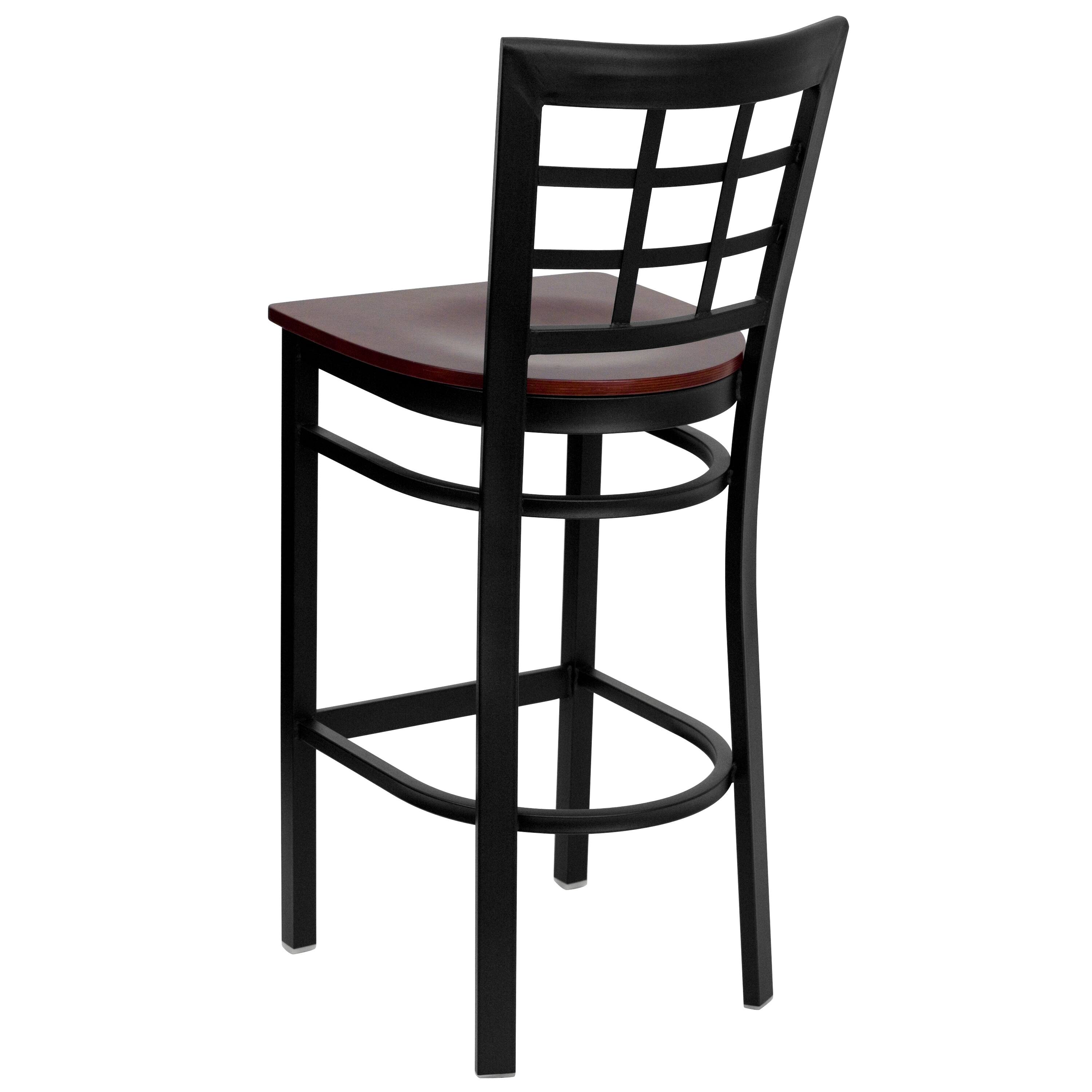Alt View 3. Emma + Oliver - Window Back Metal Restaurant Dining Barstool - Mahogany Wood Seat/Black Metal Frame.