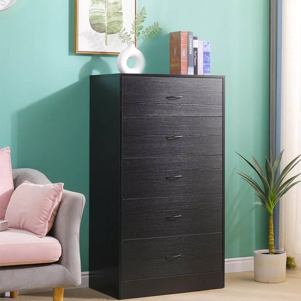 SKONYON - 5-Drawer Dresser, Modern Wood Chest of Drawers for Bedroom - Black