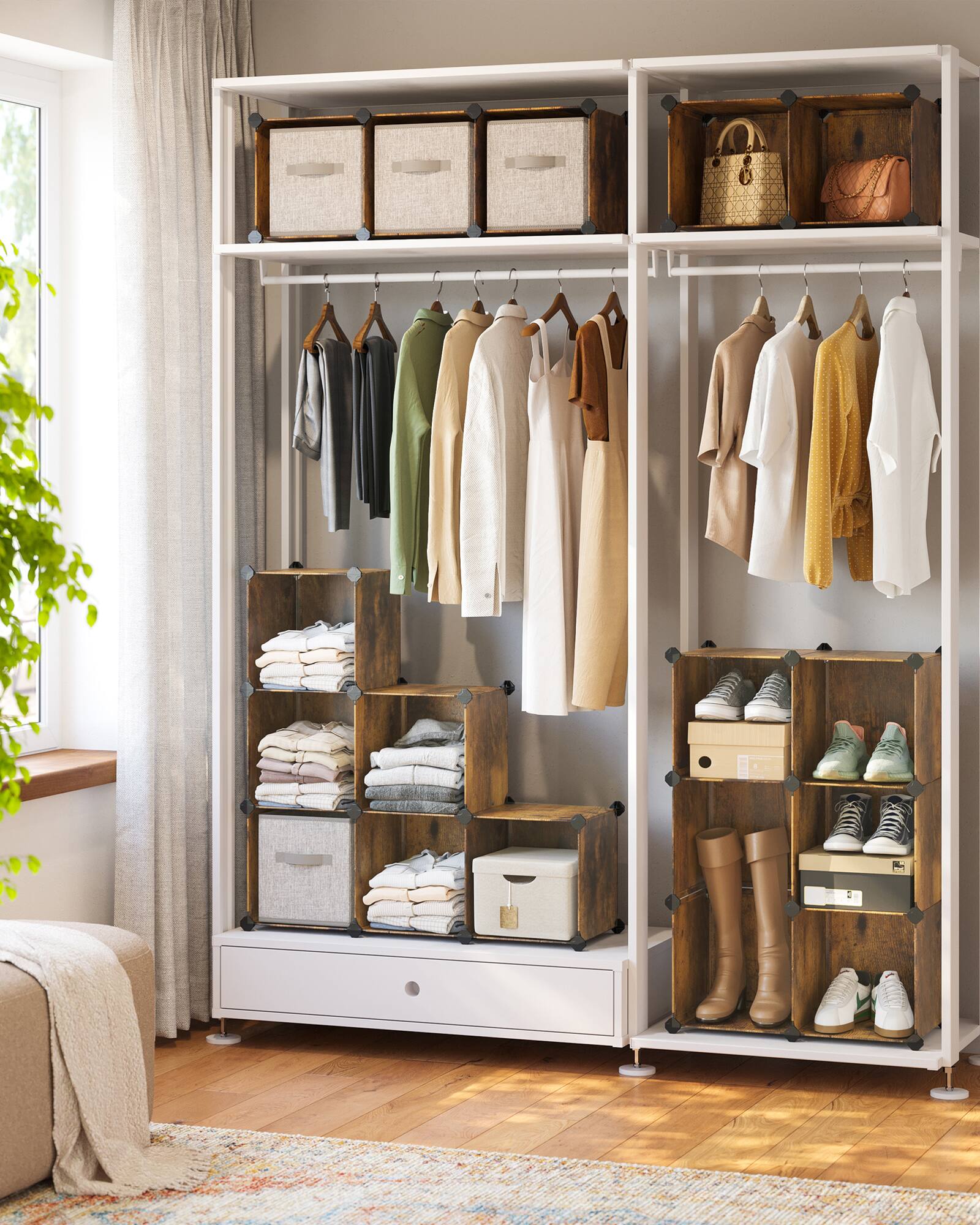 Left. Songmics Home - Cube Storage Organizer, Set of 16 Plastic Cubes, Book Shelf, Closet Organizers and Storage, Room Organization - Rustic Brown.