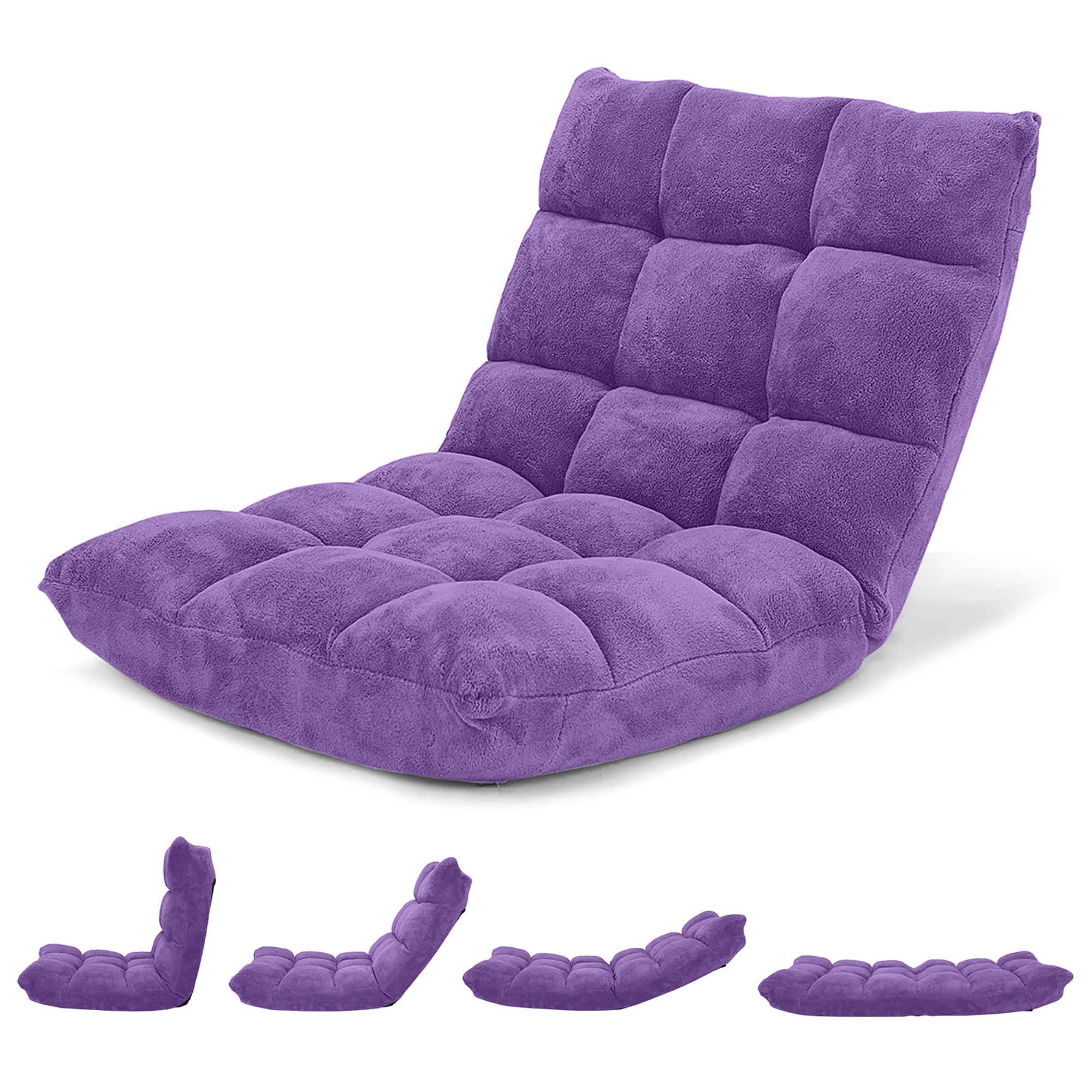 Costway - Adjustable 14-Position Floor Chair Folding Gaming Sofa Chair Cushioned Purple - Purple