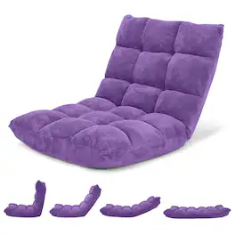 Costway - Adjustable 14-Position Floor Chair Folding Gaming Sofa Chair Cushioned Purple - Purple