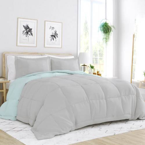 Angle. SlickBlue - Soft Microfiber 3-Piece Comforter Set with Reversible Design - Aqua Blue, Grey.