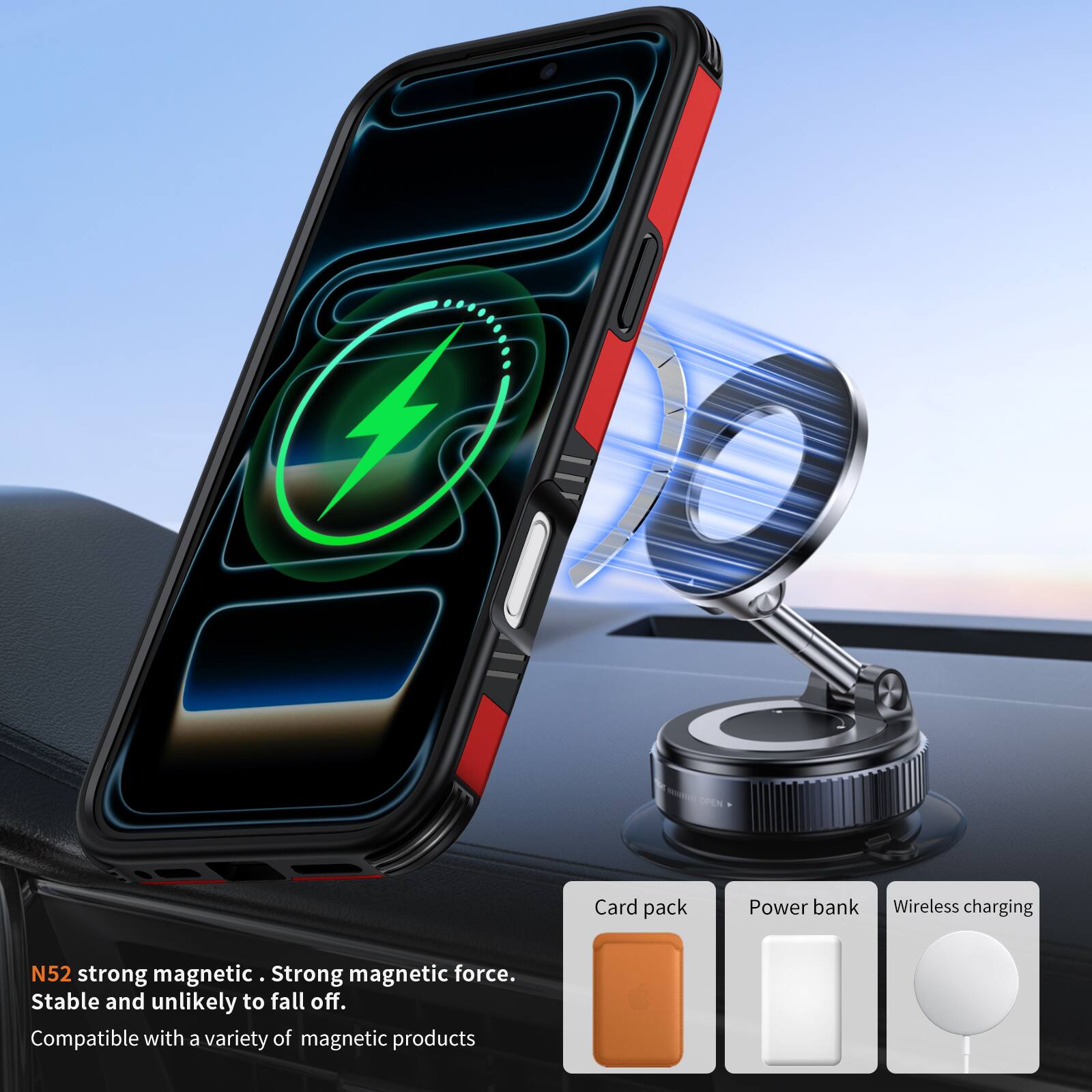 N52 strong magnetic. Strong magnetic force. Stable and unlikely to fall off. Compatible with a variety of magnetic products

Card pack Power bank Wireless charging