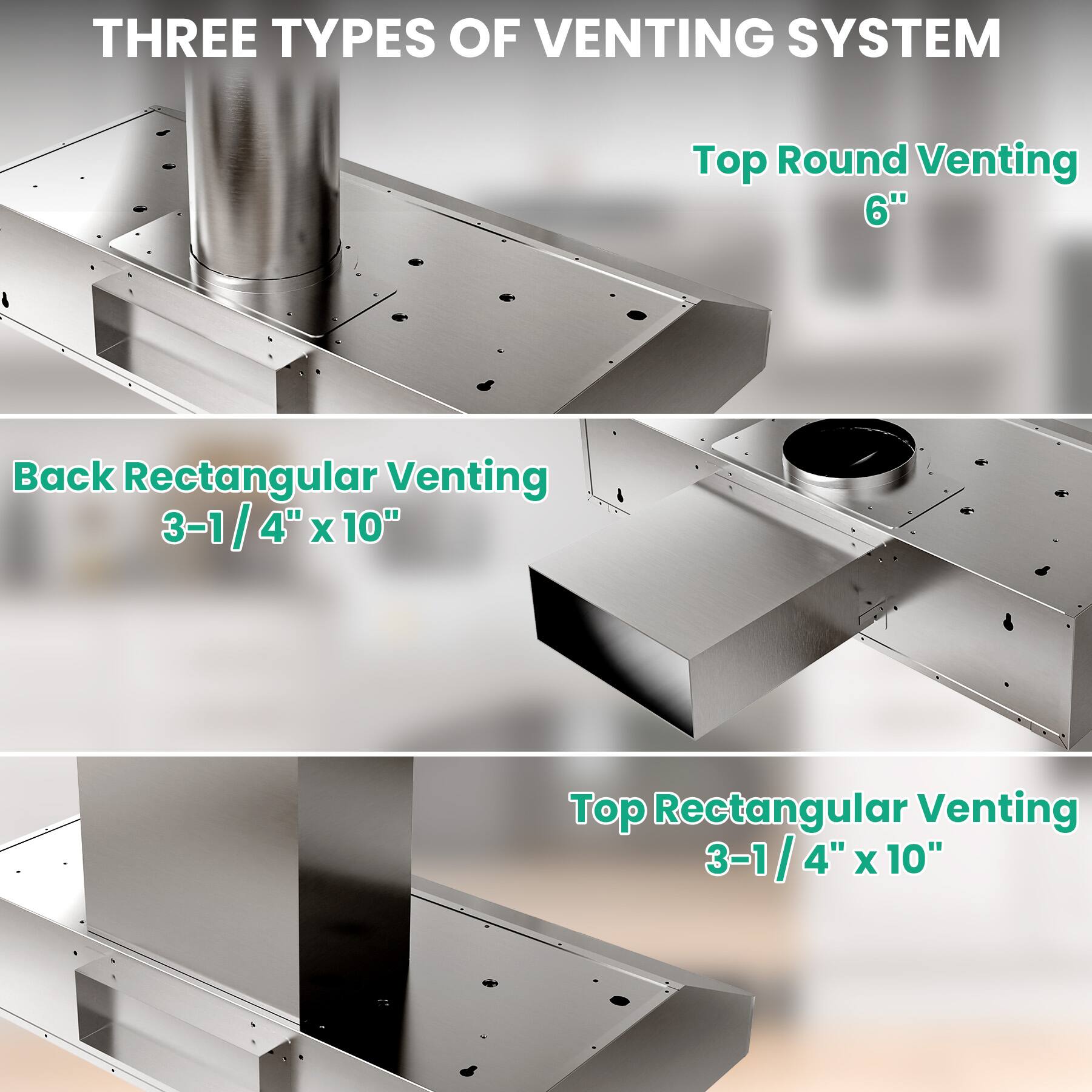 THREE TYPES OF VENTING SYSTEM

Top Round Venting  
6"

Back Rectangular Venting  
3-1/4" x 10"

Top Rectangular Venting  
3-1/4" x 10"