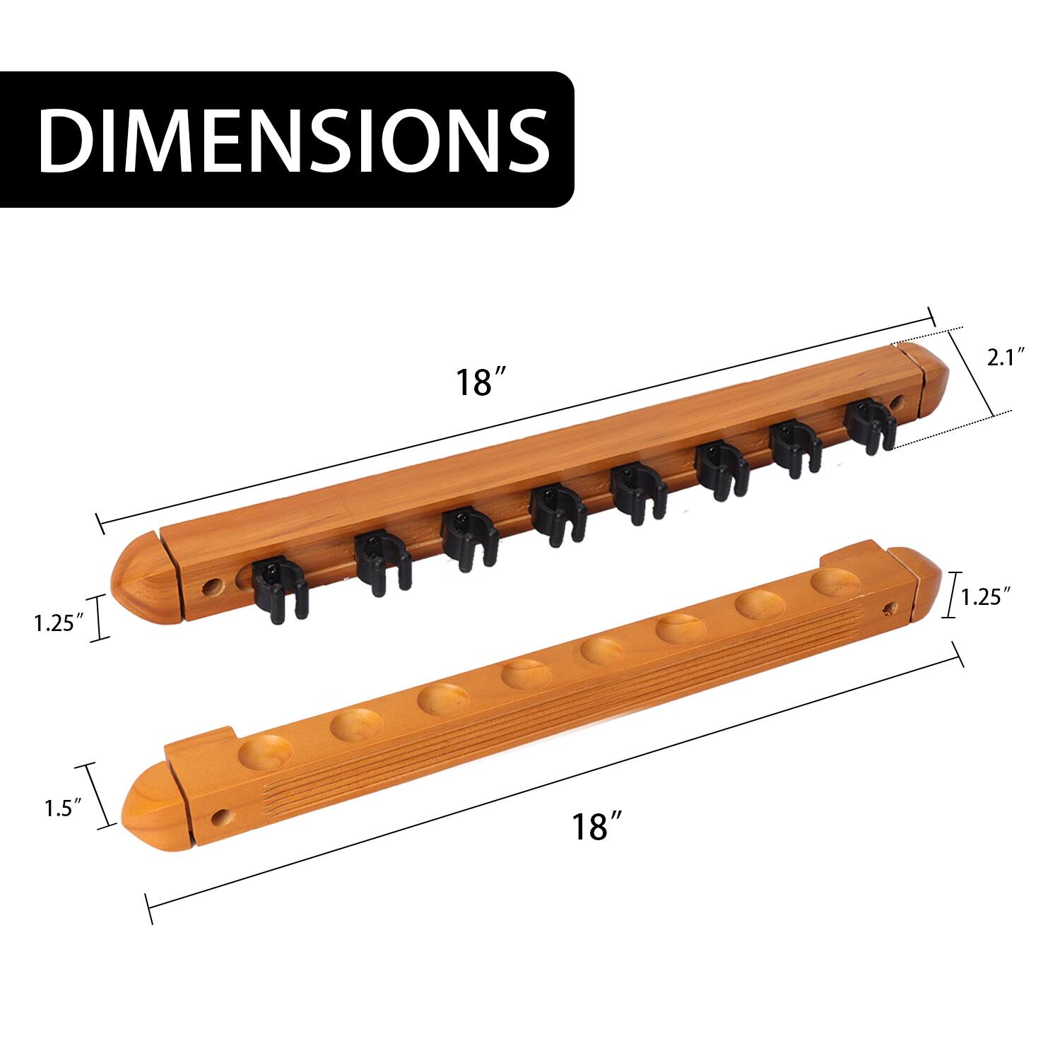 DIMENSIONS, 18", 2.1", 1.25", 1.25", 1.5", 18"