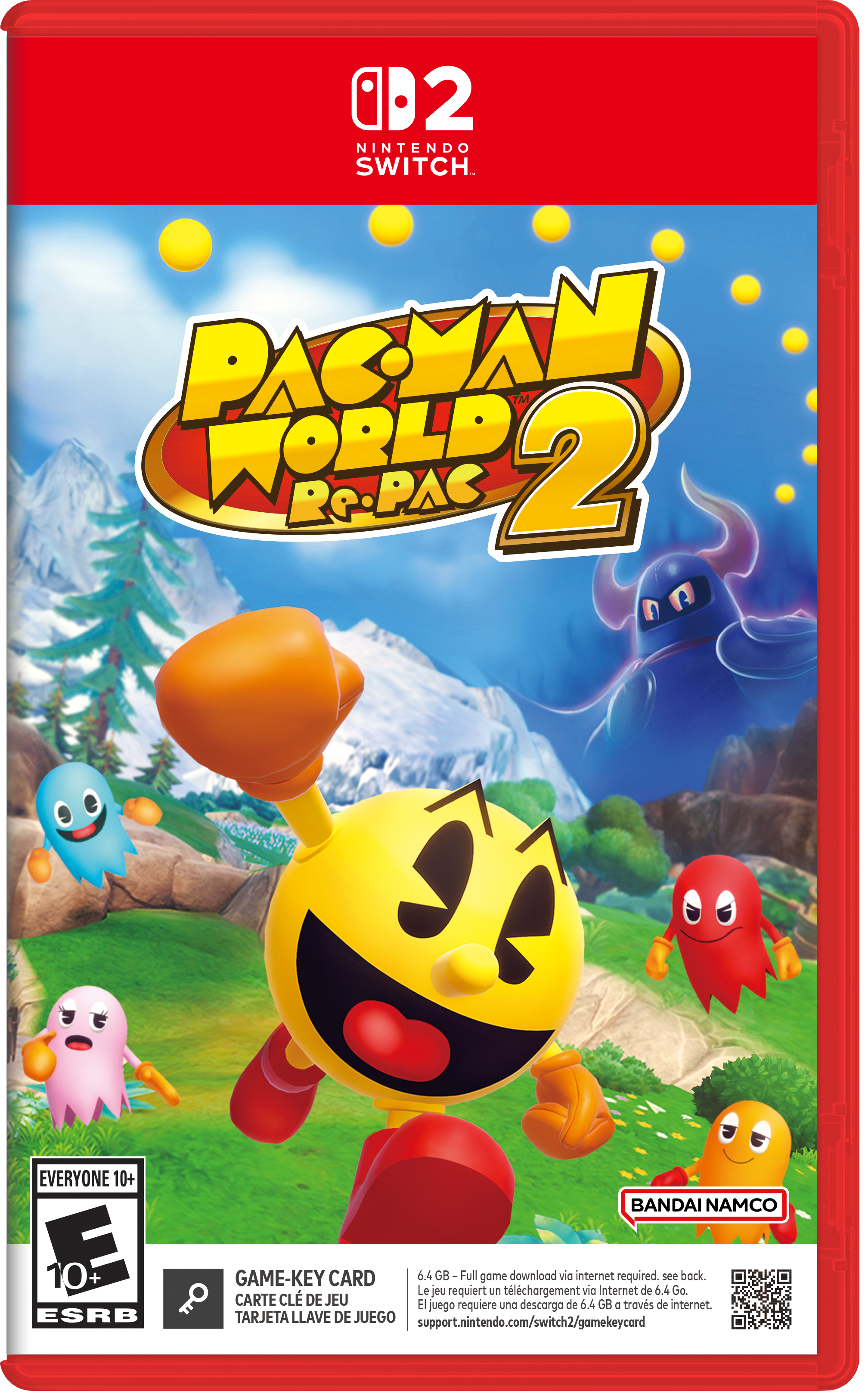 NINTENDO SWITCH. PAC-MAN WORLD Re-PAC 2 EVERYONE 10+ ESRB BANDAI NAMCO GAME-KEY CARD 6.4 GB - Full game download via internet required. see back. Le jeu requiert un téléchargement via Internet de 6.4 Go. CARTE CLÉ DE JEU El requiere una descarga de 6.4 GB a través de internet TARJETA LLAVE DE JUEGO support.nintendo.com/switch2/gamekeycard