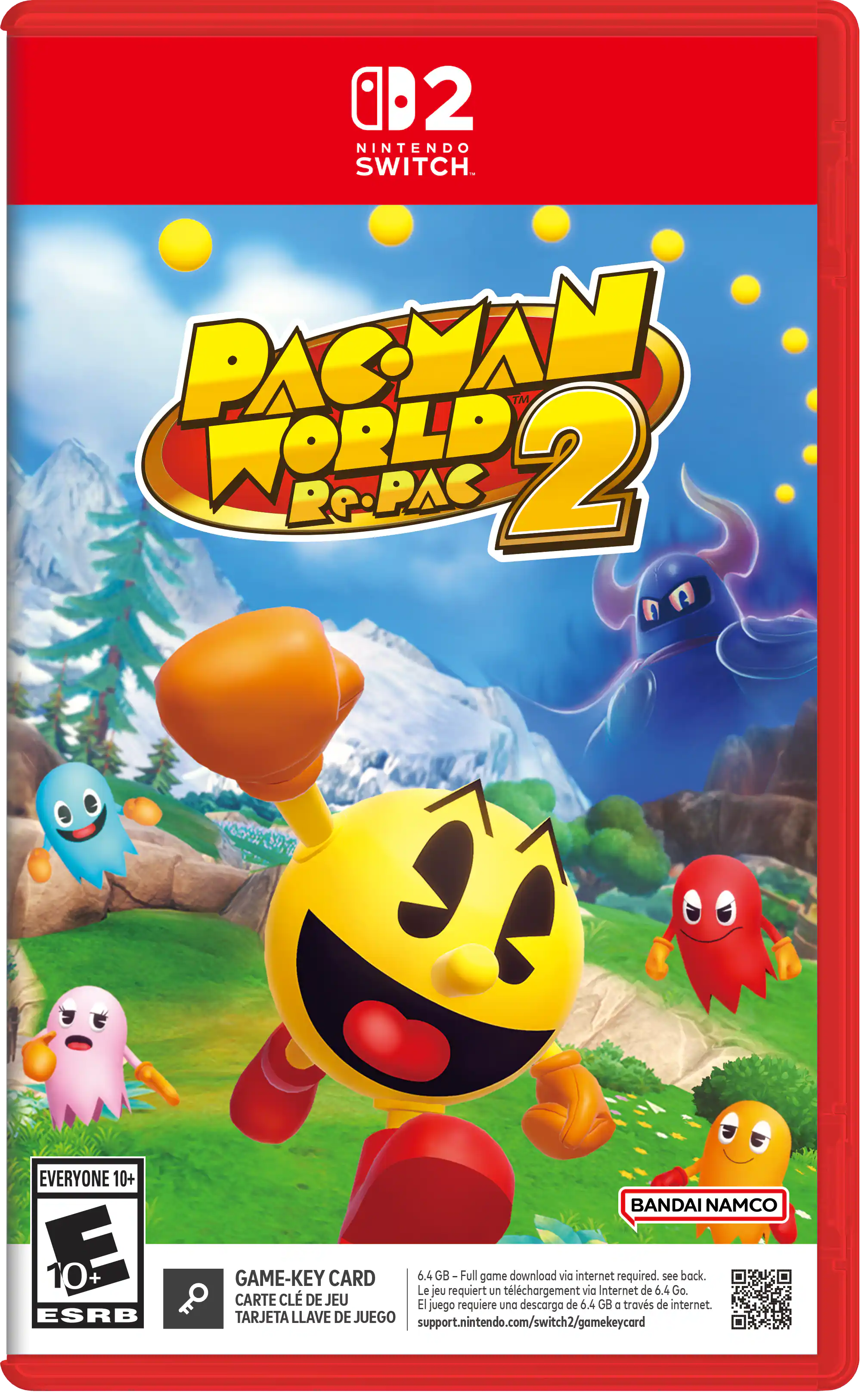 NINTENDO SWITCH. PAC-MAN WORLD Re-PAC 2 EVERYONE 10+ ESRB BANDAI NAMCO GAME-KEY CARD 6.4 GB - Full game download via internet required. see back. Le jeu requiert un téléchargement via Internet de 6.4 Go. CARTE CLÉ DE JEU El requiere una descarga de 6.4 GB a través de internet TARJETA LLAVE DE JUEGO support.nintendo.com/switch2/gamekeycard - E10+ (Everyone 10+)