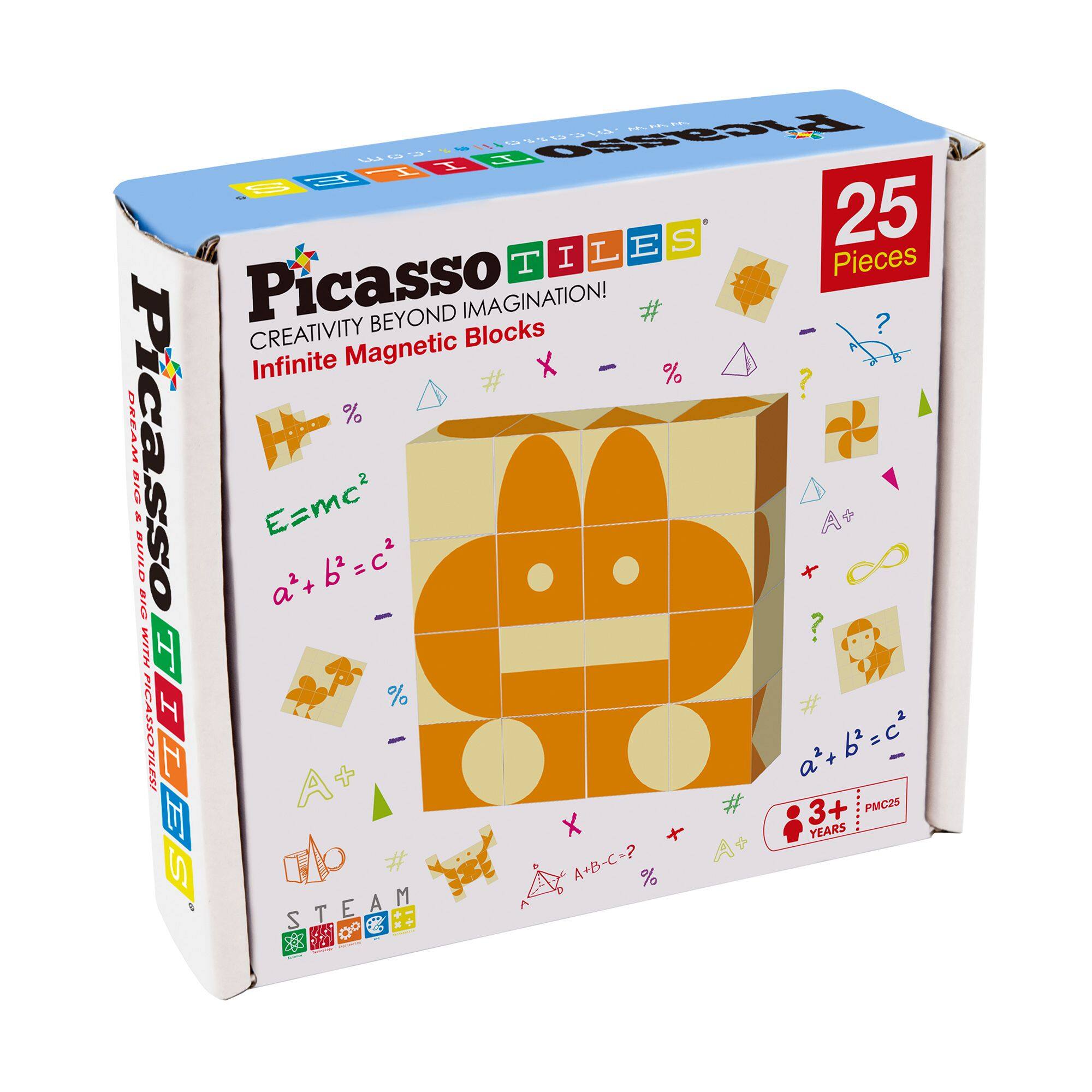Picasso Tiles  
Creativity Beyond Imagination!  
Infinite Magnetic Blocks  

25 Pieces  

Build Big with PicassoTiles!  

E=mc²  
a² + b² = c²  
A + B - C = ?  

STEAM  

3+ Years  

PMC25