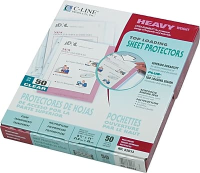 **C-Line Products**

**Heavy Weight Top Loading Sheet Protectors**

**New Design**

**Superior Durability Plus - Top Loading Design**

**50 Clear Sheet Protectors**

**Clear Transparent Polypropylene**

**Accessories for the Top**

**Parte Superior de Protectores**

**Pochettes Ouvertures par le Haut**

**Dimensions: 21.6" x 11"**

**No. 62013**

**50 Sheets**
