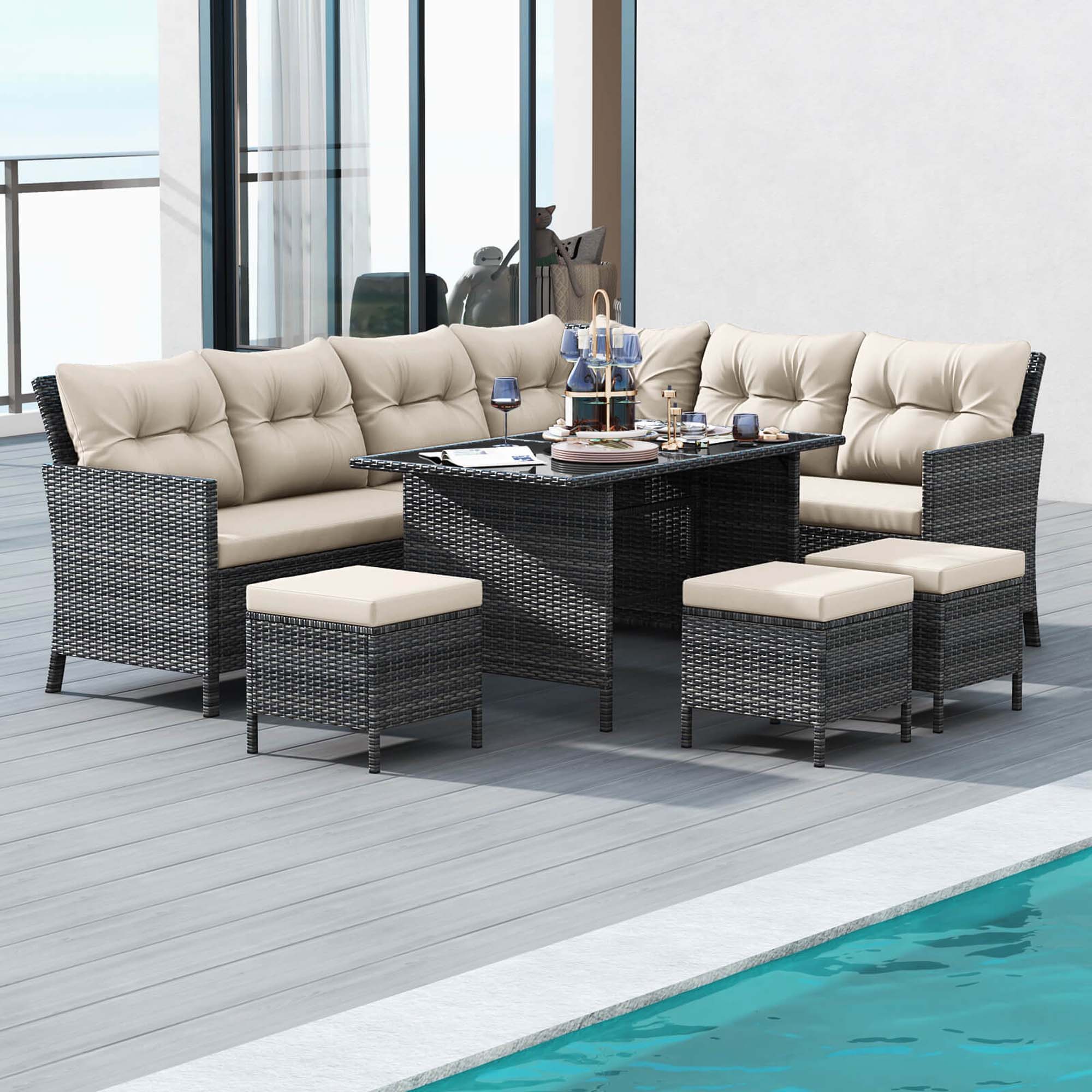 Alt View 4. Costway - 7 PCS Patio Dining Furniture Set PE Rattan Sectional Sofa Set with Soft Cushions - Mix Gray,Off White.