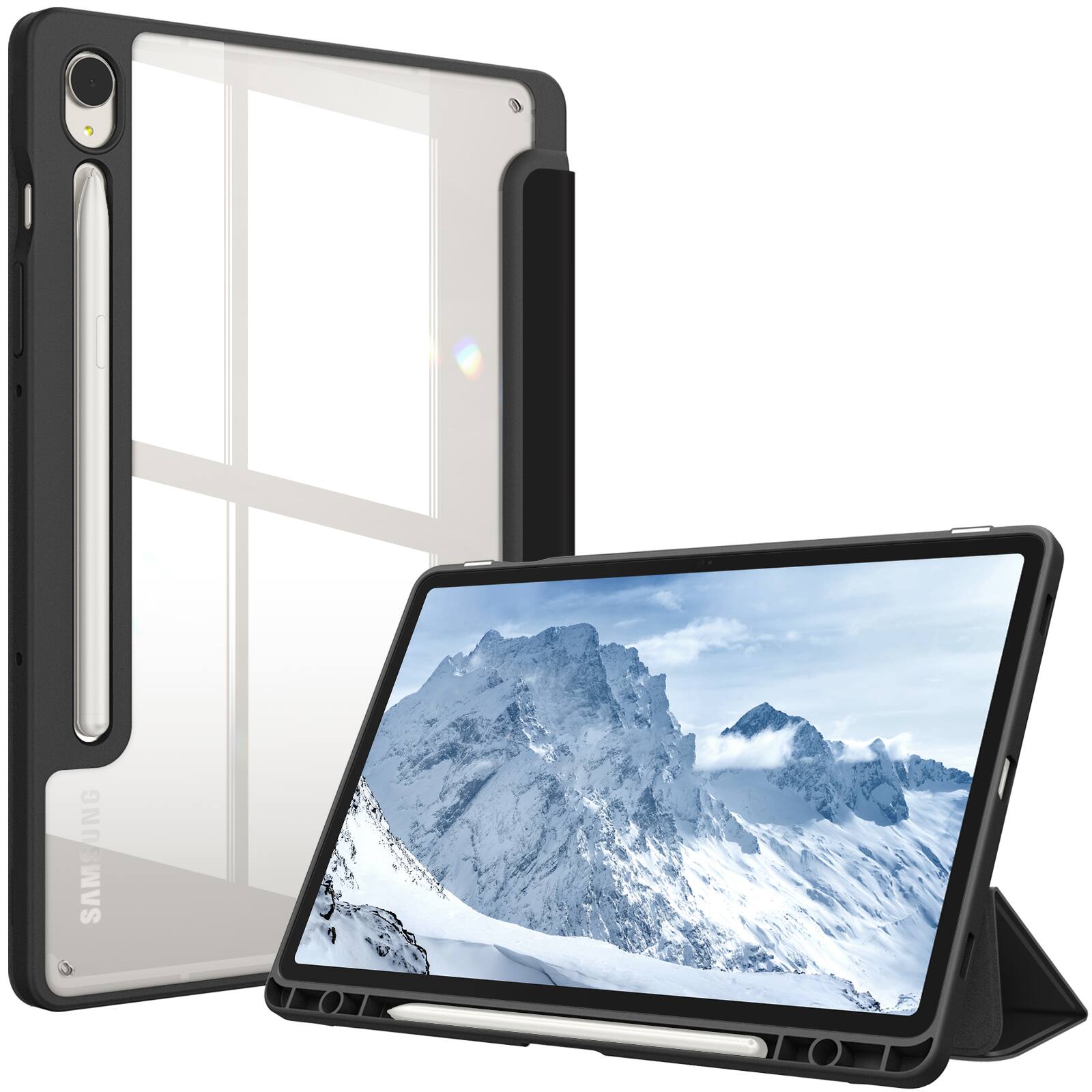 Front. Fintie - Clear Case for Samsung Galaxy Tab S9, Tri-Fold Stand, Shockproof TPU Bumper, Auto Wake/Sleep, for Office & Entertainment - Black.
