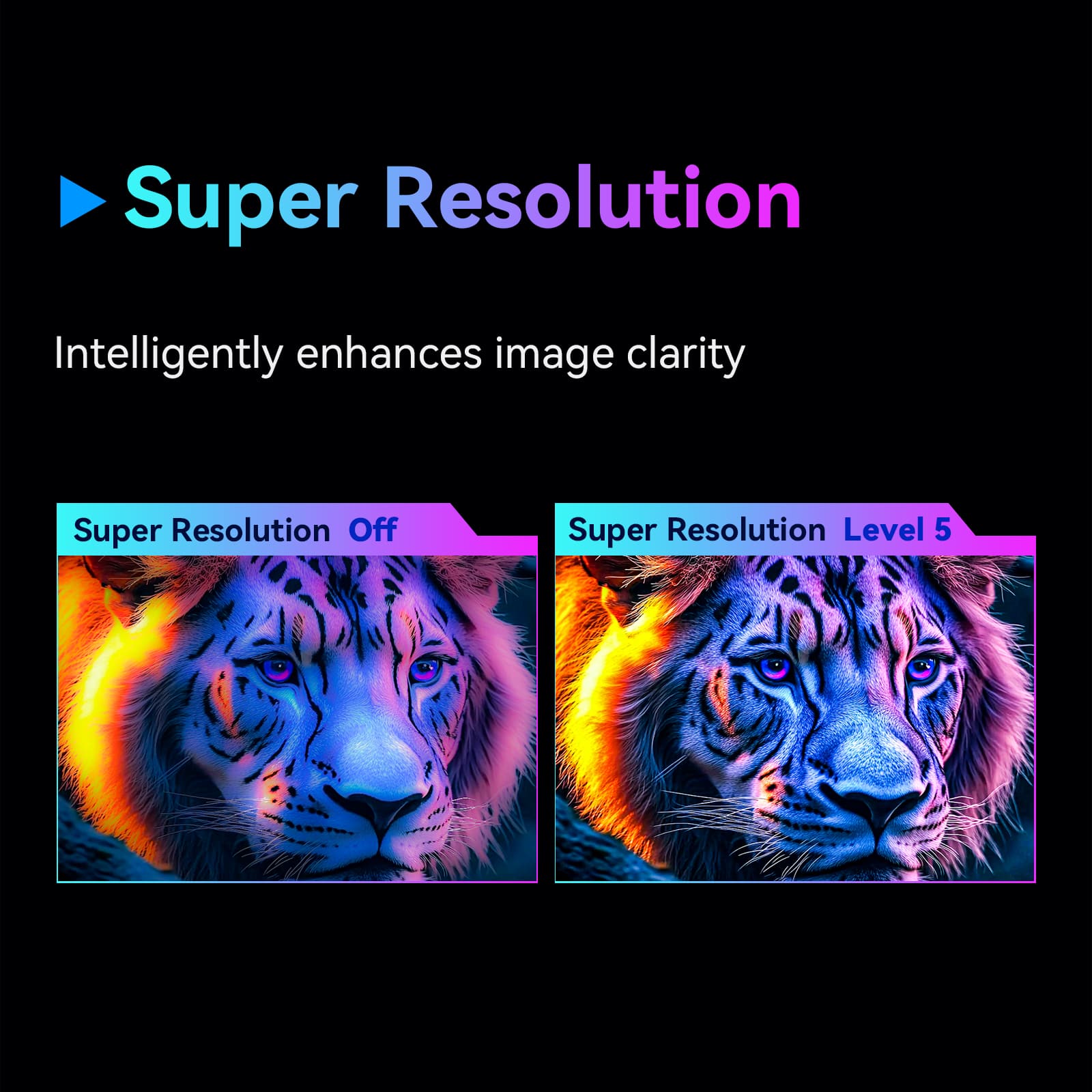 Super Resolution Intelligently enhances image clarity. Super Resolution Off. Super Resolution Level 5.