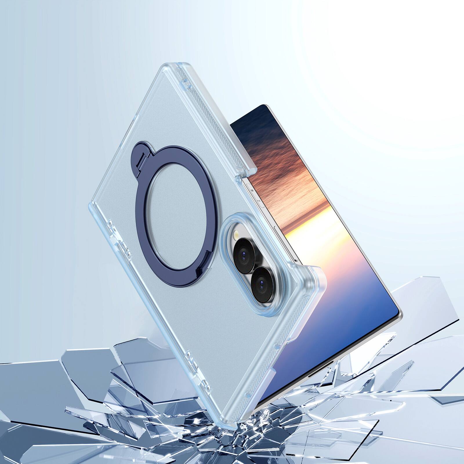 Back. Dteck - Shockproof Frosted Phone Case for Samsung Galaxy Z Fold8 with Ring Stand, Rugged Slim Magnetic Rigid Plastic Hinge Cover - Matteblue.