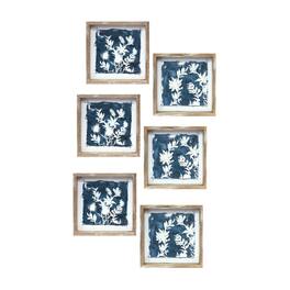 BreeBe - Wood Framed Floral Outline Print (Set of 6) - White, Blue, Brown