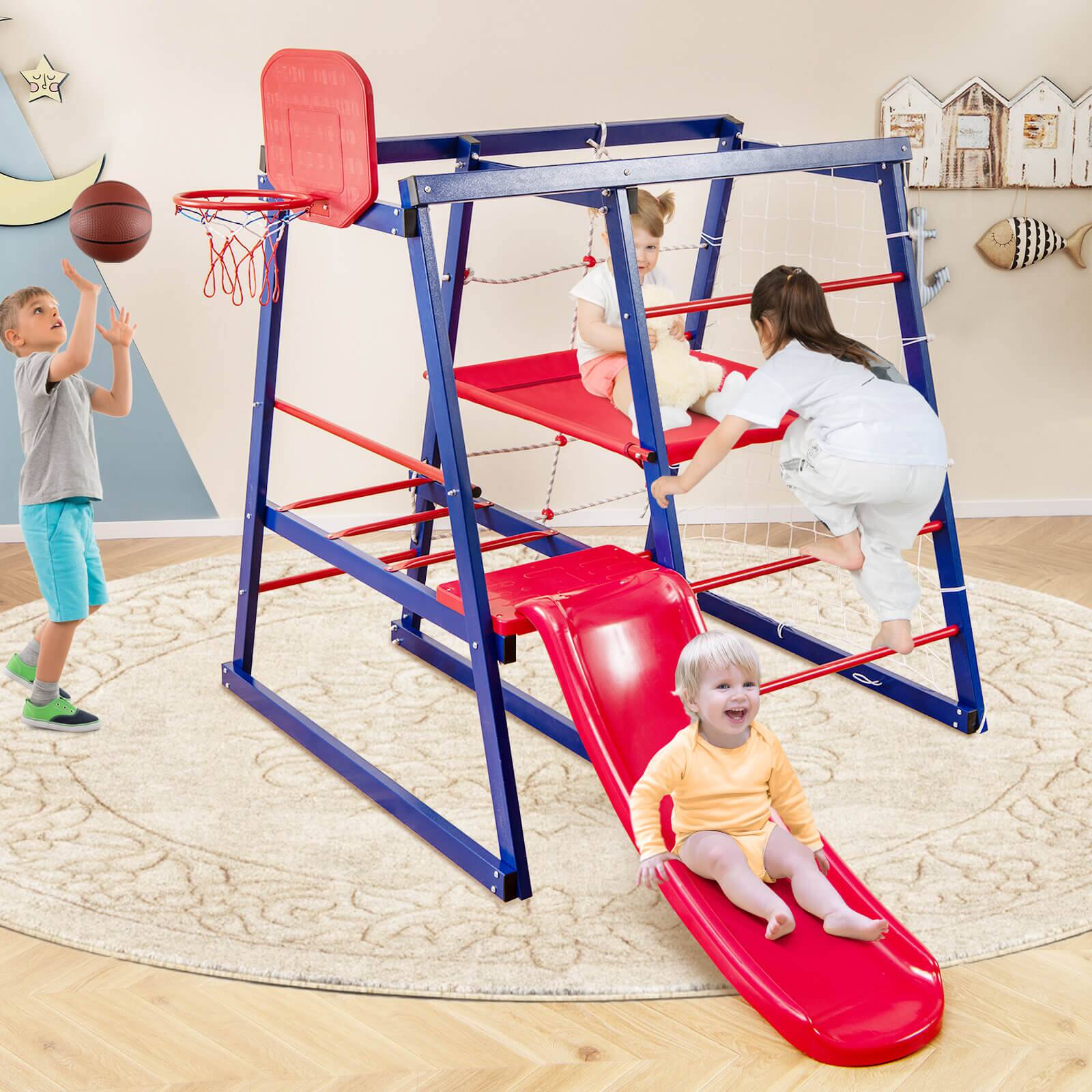 Alt View 1. Costway - Costway 7-In-1 Kids Indoor Playground w/ Slide Climbing Net Crowling Ladder Rope Ladder - Red,Blue.