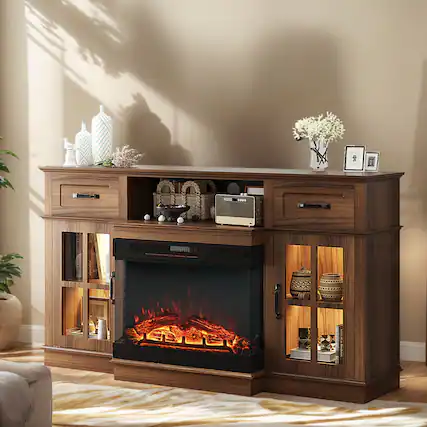 Front. Winado - 58" Fireplace TV Stand with Drawers LED Lights Storage Cabinets for up to 70" TV - Oak.