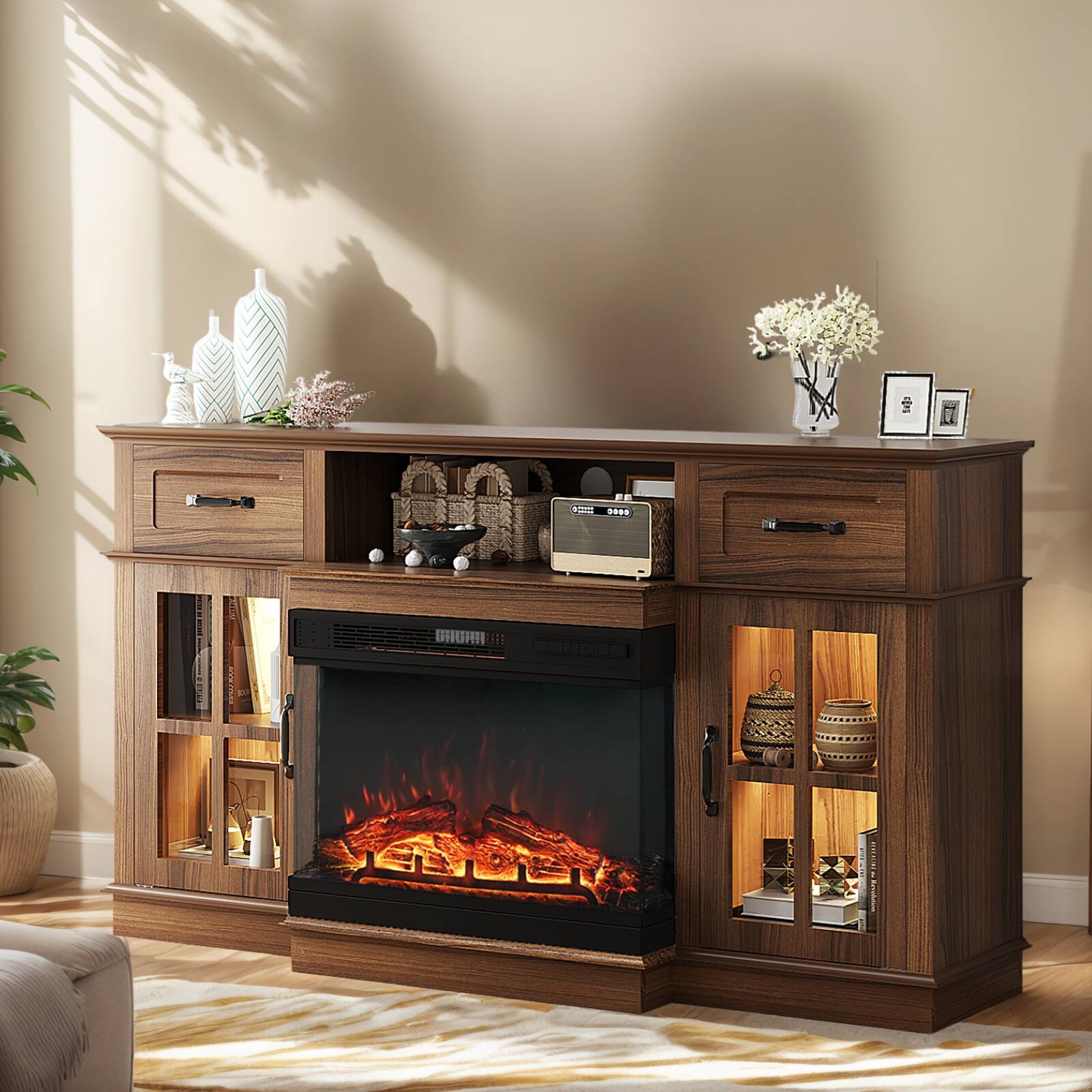 Winado - 58" Fireplace TV Stand with Drawers LED Lights Storage Cabinets for up to 70" TV - Oak