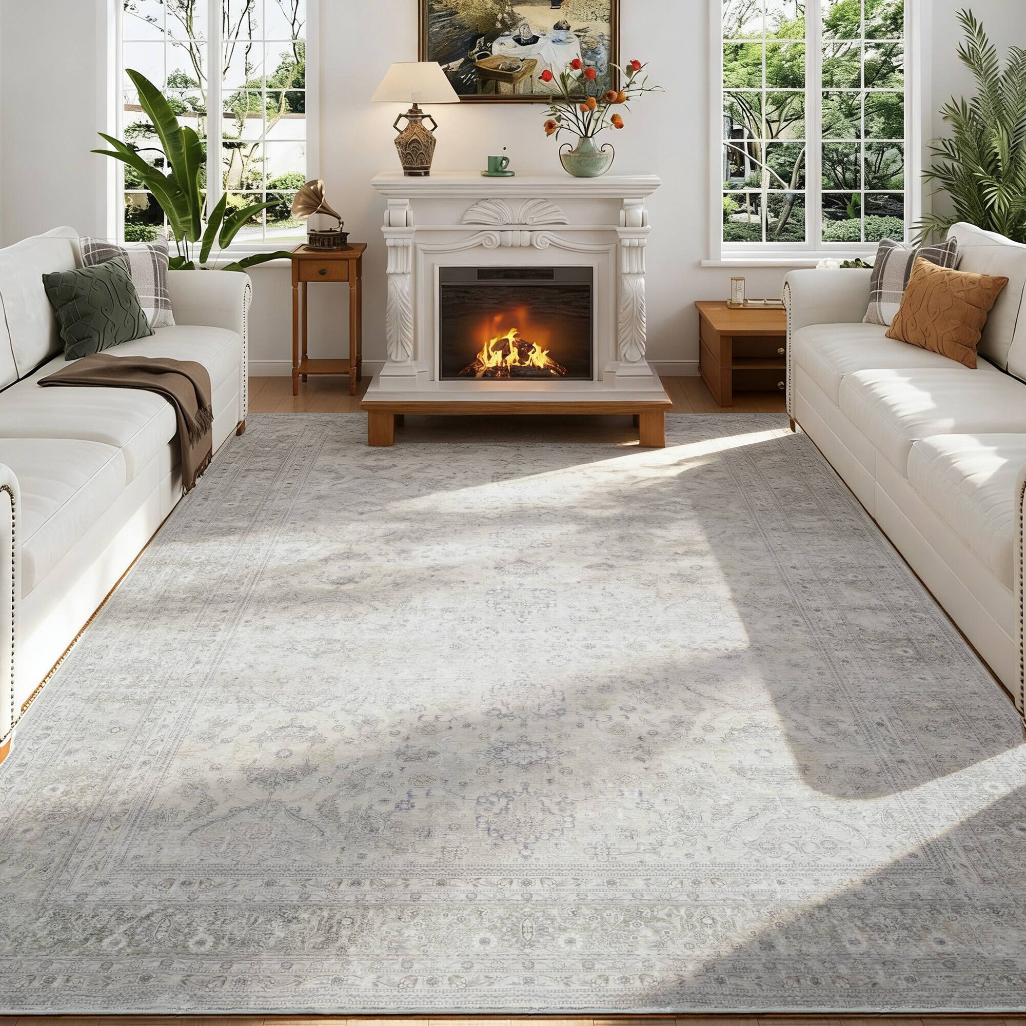 Angle. RYHNUYNE - 5x7 Gray Washable Area Rug, Modern Traditional Stain Resistant Distressed Carpet, Soft Thin Rug for Dining Room Office - gray.