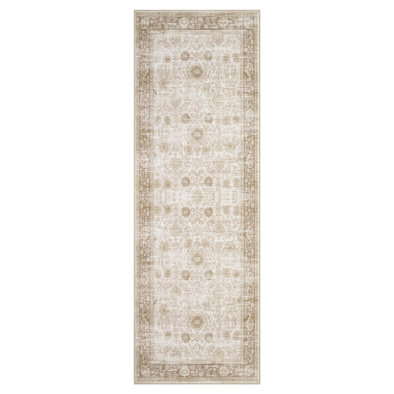Acekool - Area Rug Washable Printed Vintage Floral Non Slip Low Pile 2'X6' Rugs Soft Rubber Backed Indoor Rugs for Laundry Room - Beige