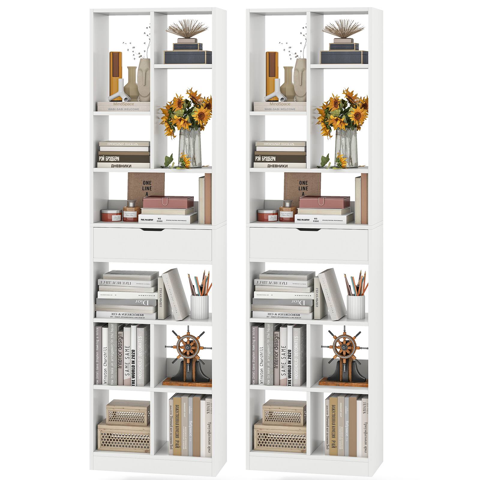 Gymax - 2PCS 71'' Tall Bookcase w/ Drawer Modern Bookshelf w/ 10 Open Cubes Display Rack - White