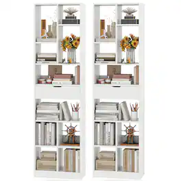 Gymax - 2PCS 71'' Tall Bookcase w/ Drawer Modern Bookshelf w/ 10 Open Cubes Display Rack - White