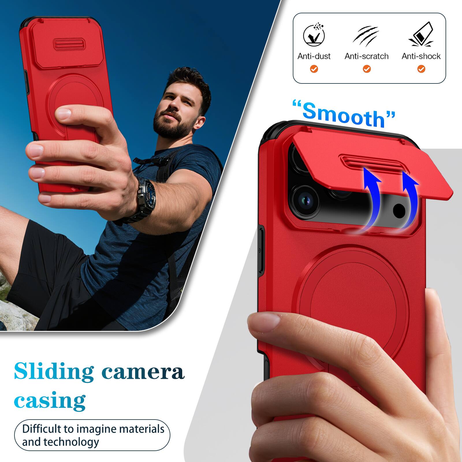 Anti-dust  
Anti-scratch  
Anti-shock  
"Smooth"  
Sliding camera casing  
Difficult to imagine materials and technology