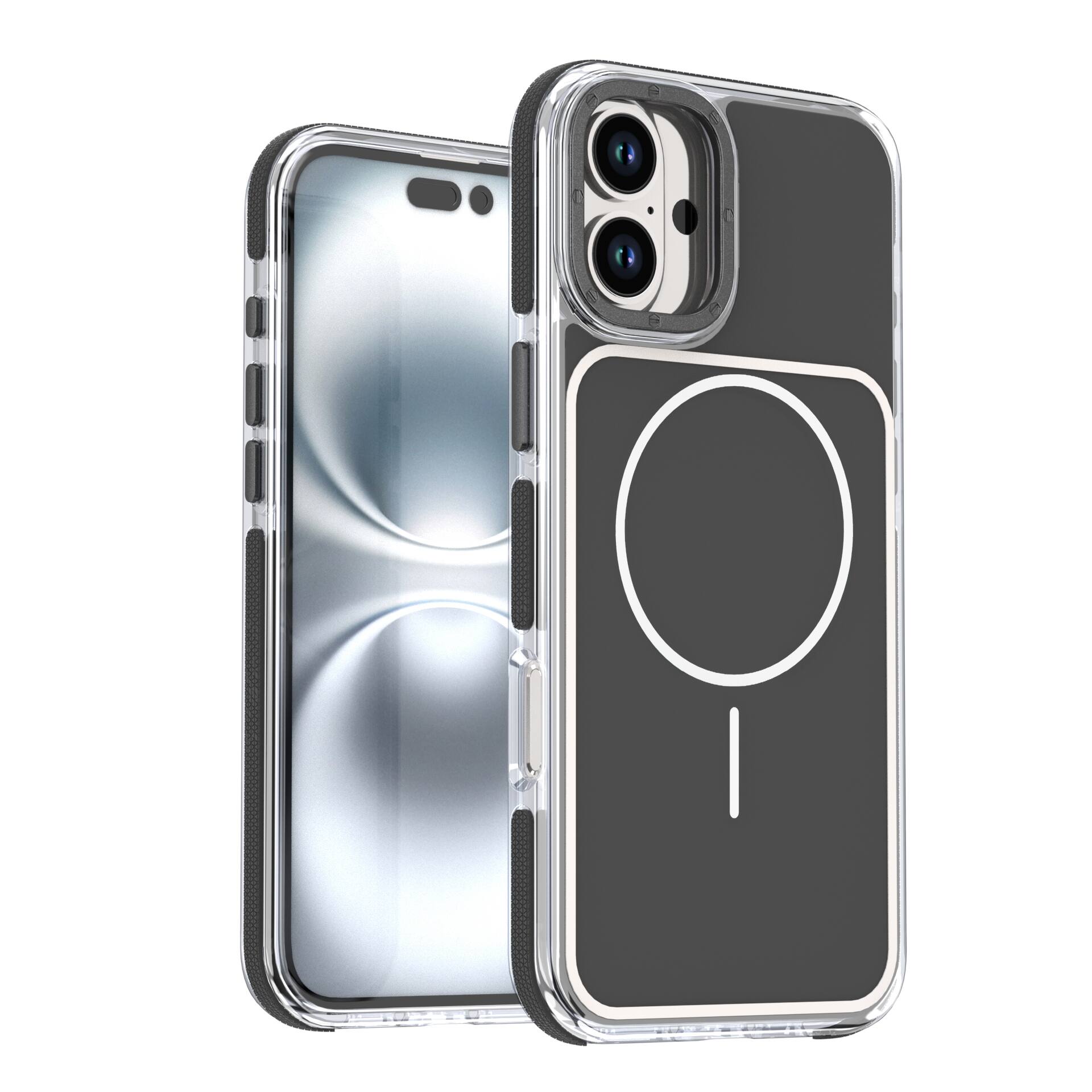 Front. Dteck - for Apple iPhone 16 Magnetic Clear Case with Independent Aluminum Buttons,Slim Shockproof Rugged PC+TPU Hybrid Cover - Black.
