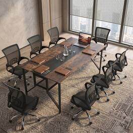 WELLFOR - 71" Conference Table with Power Outlets, Rectangular Meeting Table with Mesh Storage Shelf and Cable Grommet - Rustic Brown