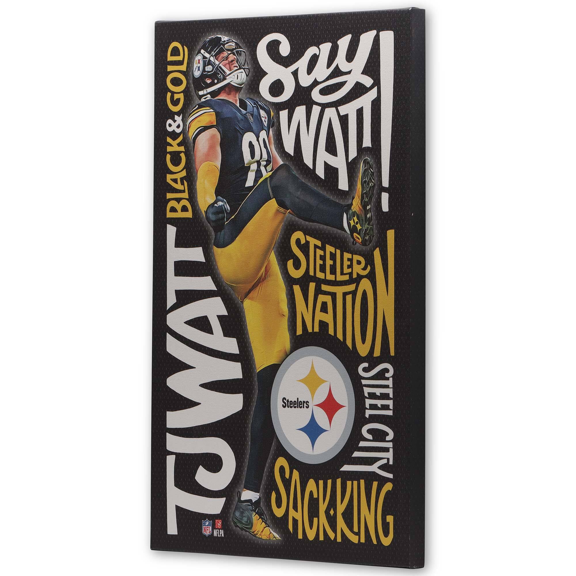 Sure, here is the corrected and grouped text from the image:

---

**BLACK & GOLD**

**TUMWATT**

**Say WATT!**

**STEELER NATION**

**STEEL CITY**

**SACKING**

**Steelers**

**NFL**

**NBA**

---

This text is arranged vertically and horizontally on the image.