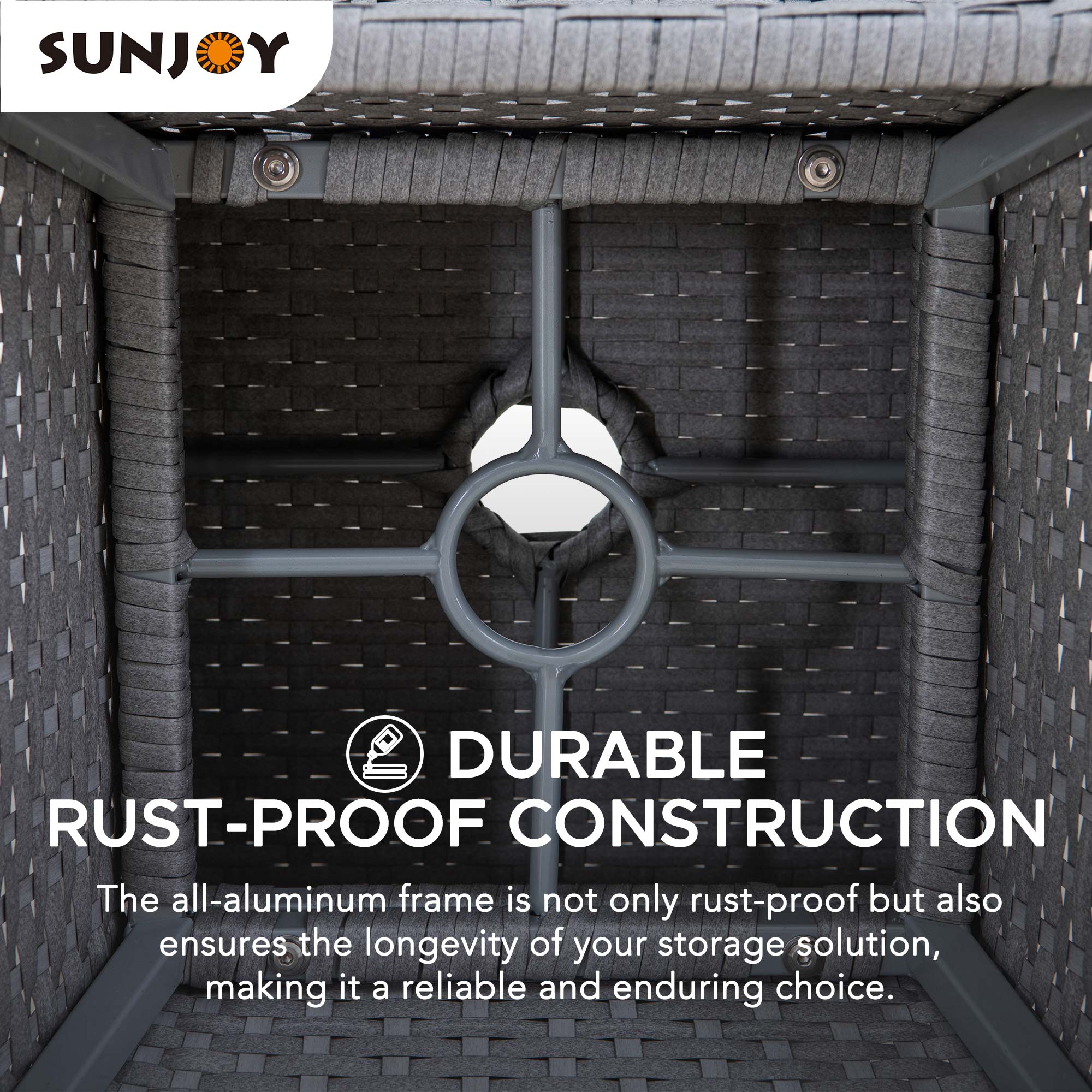 SUNJOY

DURABLE RUST-PROOF CONSTRUCTION

The all-aluminum frame is not only rust-proof but also ensures the longevity of your storage solution, making it a reliable and enduring choice.