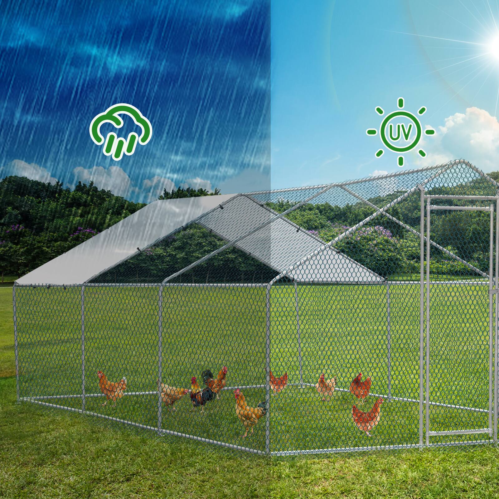 Alt View 4. Winado - 20x10FT Large Metal Poultry Cage for Chicken Run, Walk-in Chicken Pen with Waterproof Cover for Garden Outdoor Yard - Silver Frame, Green Mesh.