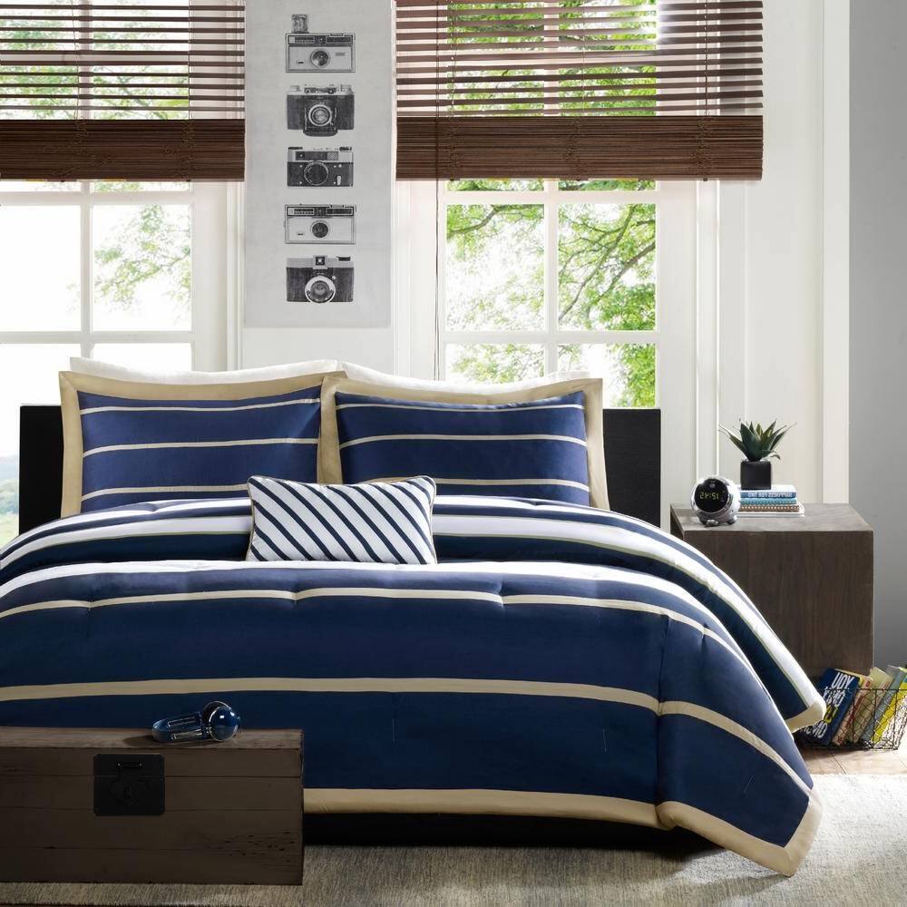 Back. Hivvago - Full / Queen size Comforter Set in Navy Blue White Khaki Stripe - Navy Blue , White, Khaki.