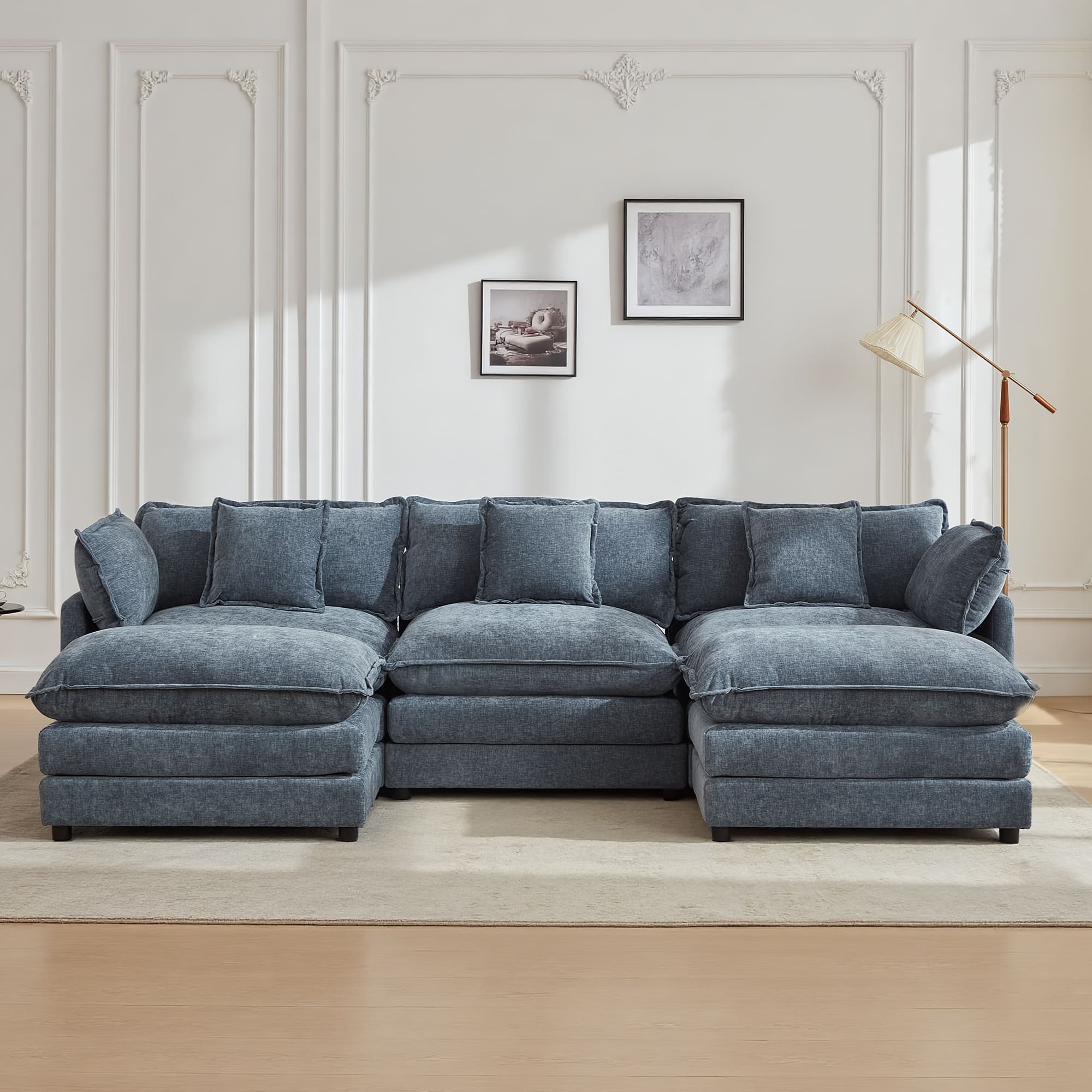 Front. KERDOM - Modular Sleeper Sofa Bed Chaise Longue Anti-Cat Scratch Chenille Cloth, 3 Seat Convertible Sectional L Shaped Sofa Couch - Blue + 2 Ottomans.