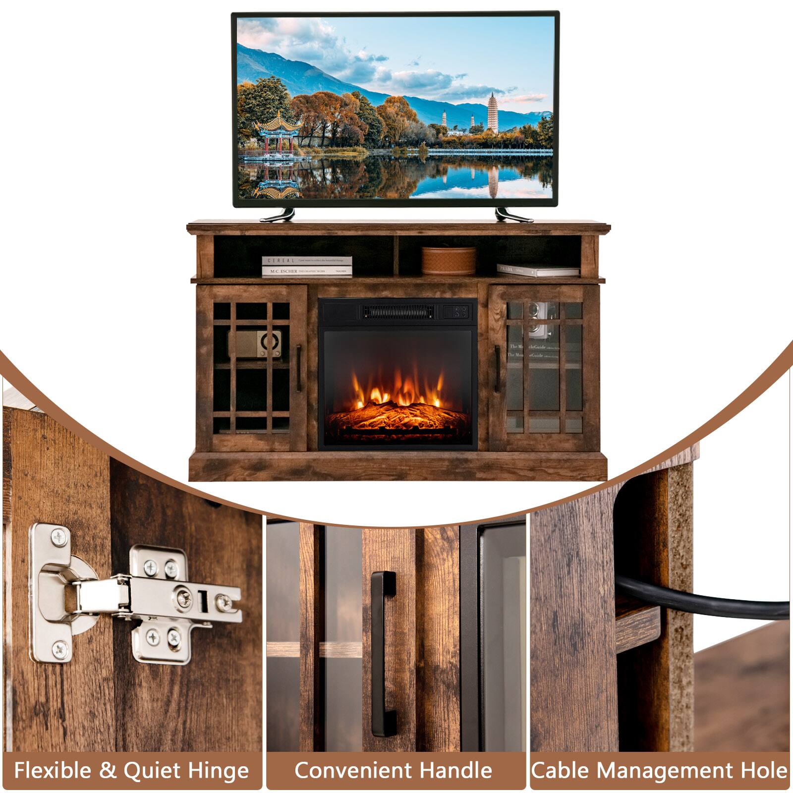 The image features a wooden entertainment center with a flat screen TV on top. The TV is positioned in the center of the image, and the entertainment center has a fireplace built into it. The entertainment center is equipped with a flexible and quiet hinge, a convenient handle, and a cable management hole. The image also shows a close-up of the entertainment center, highlighting its features.
