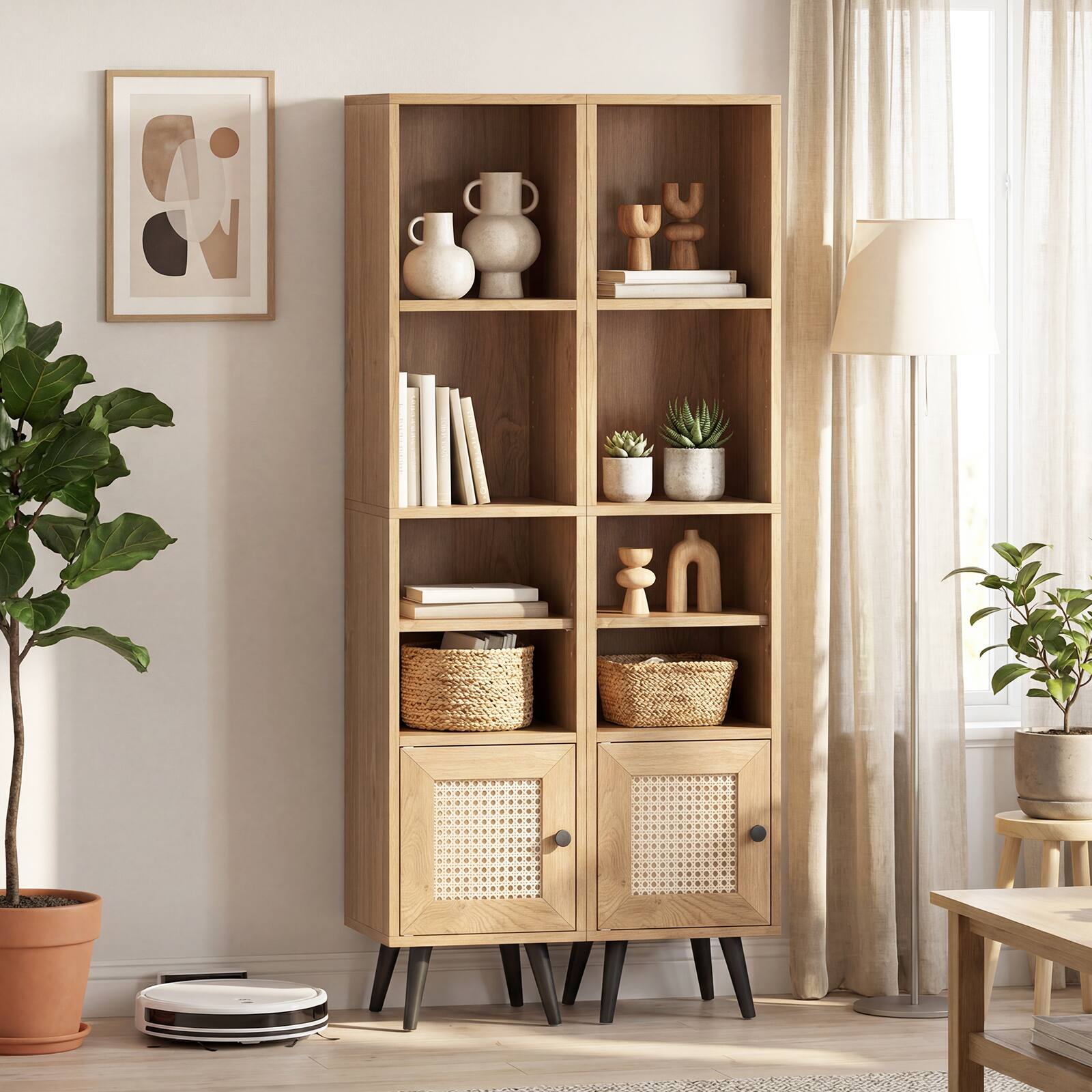 Alt View 1. Gymax - Gymax 2PCS 6-Tier Tall Narrow Bookcase w/Adjustable Shelf & Boho Style Rattan Door - Yellow.