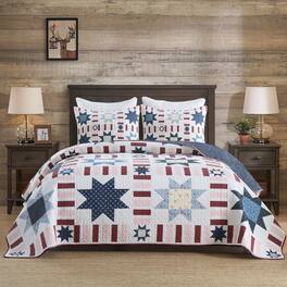 MarCielo - 3 Piece Independence Day Reversible Star Quilt Set Bedspread Set - Navy