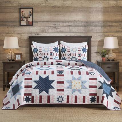Front. MarCielo - Marcielo 3 Piece Independence Day Reversible Star Quilt Set Bedspread Set - Navy.