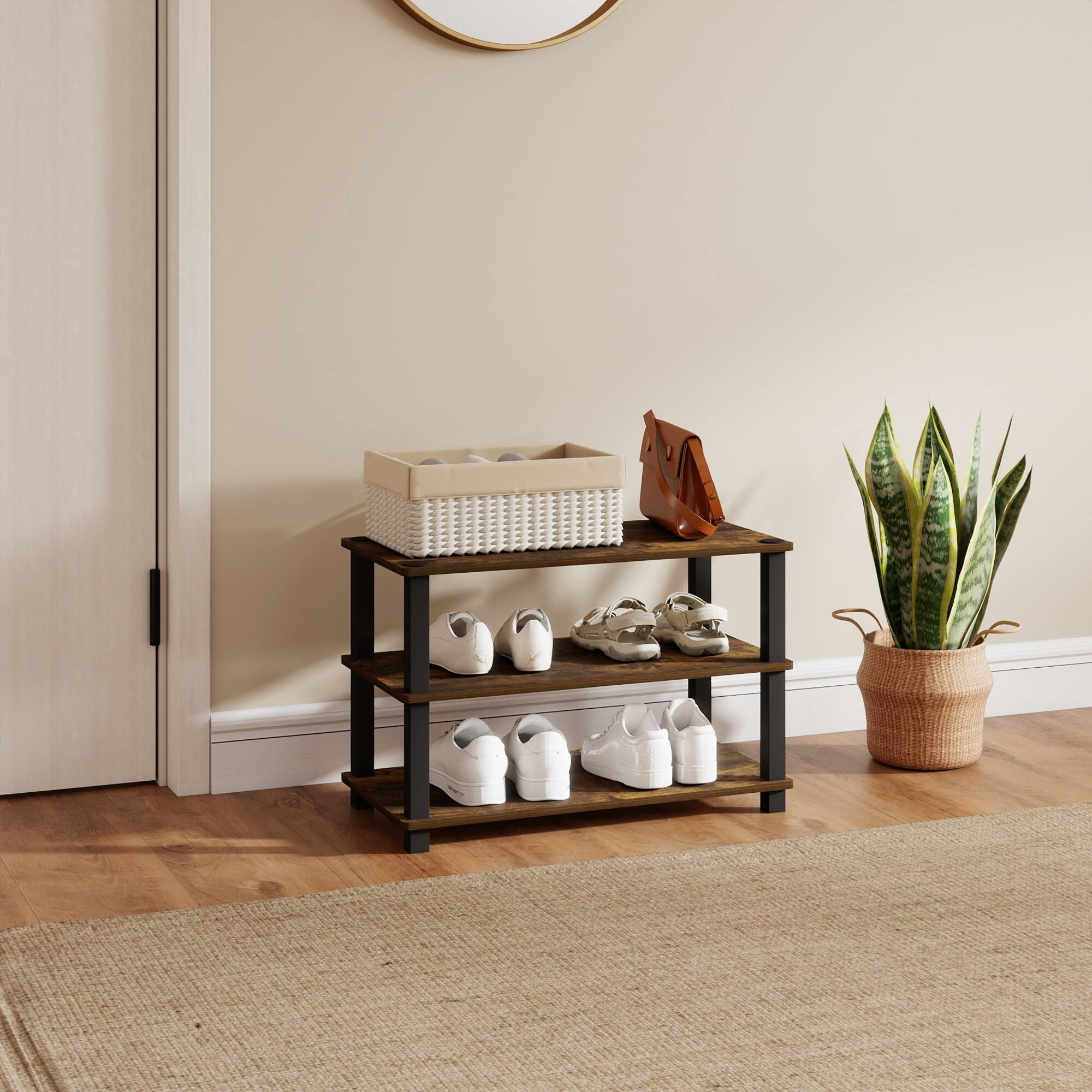 Angle. HOMLUX - 3-Tier 23.6"W Wood & PVC Tubes Shoe Rack Shoe Shelf Holds up to 9 Pairs for Enterway - Amber.