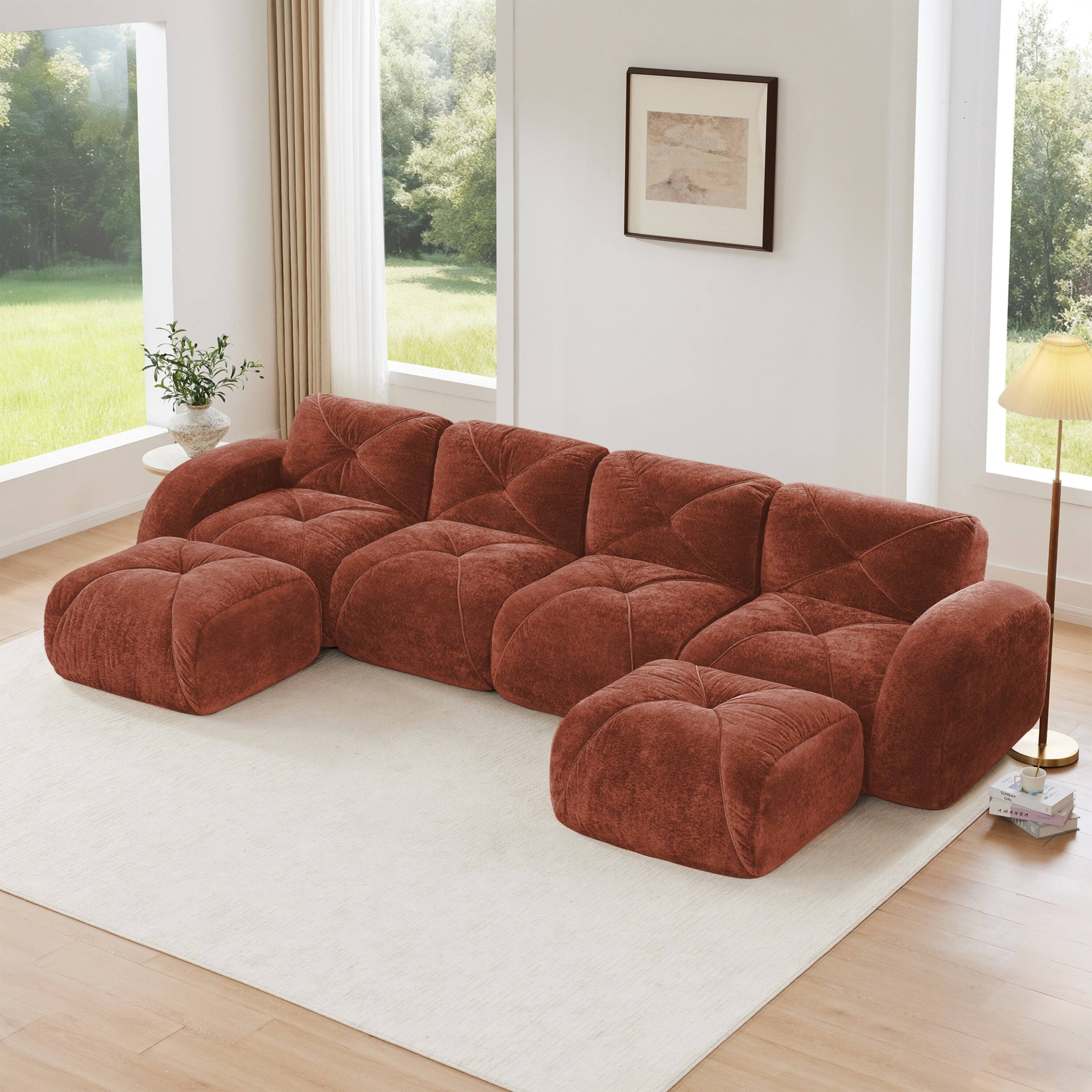 Alt View 2. Boyel Living - U Shaped Velvet Tufted Sofa Movable Ottomans 32D HD Sponge Anti Slip Free Combo No Assembly Living Theater Red - Red.