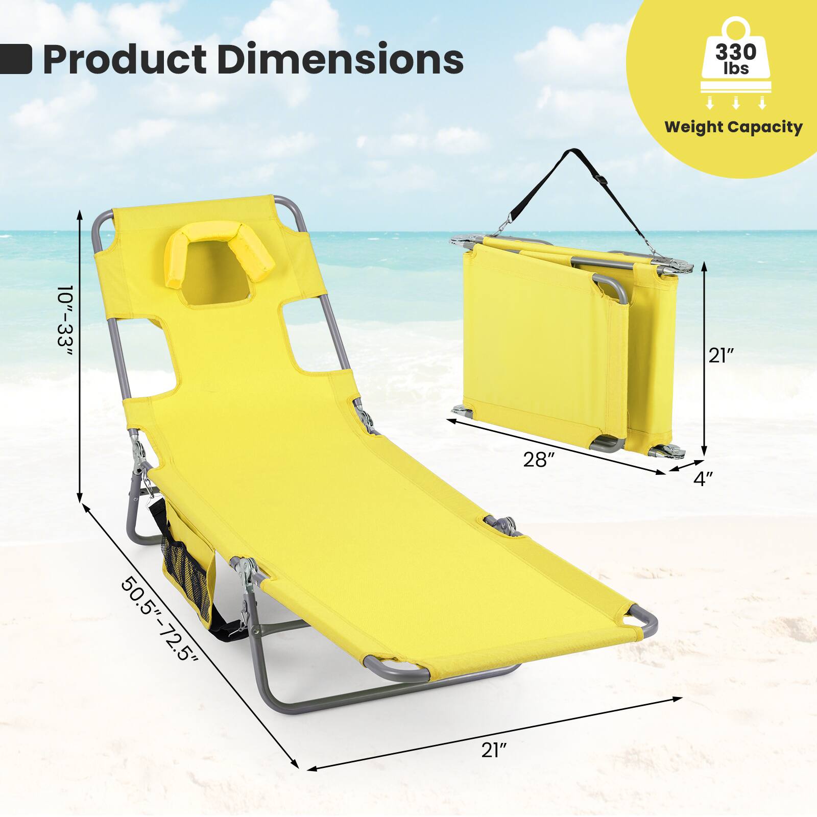 Product Dimensions:  
- 10"-33"  
- 21"  
- 28"  
- 4"  
- 50.5"-72.5"  
- 21"  

Weight Capacity: 330 lbs
