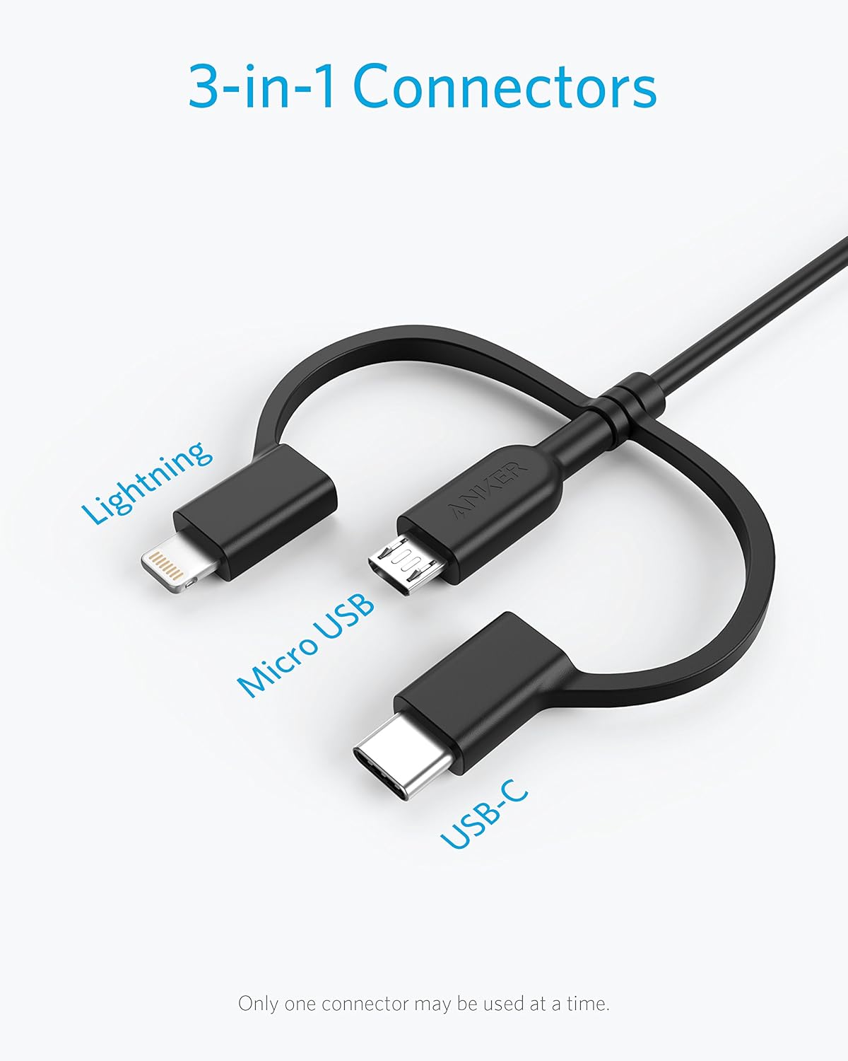 3-in-1 Connectors

Lightning  
Micro USB  
USB-C  

Only one connector may be used at a time.