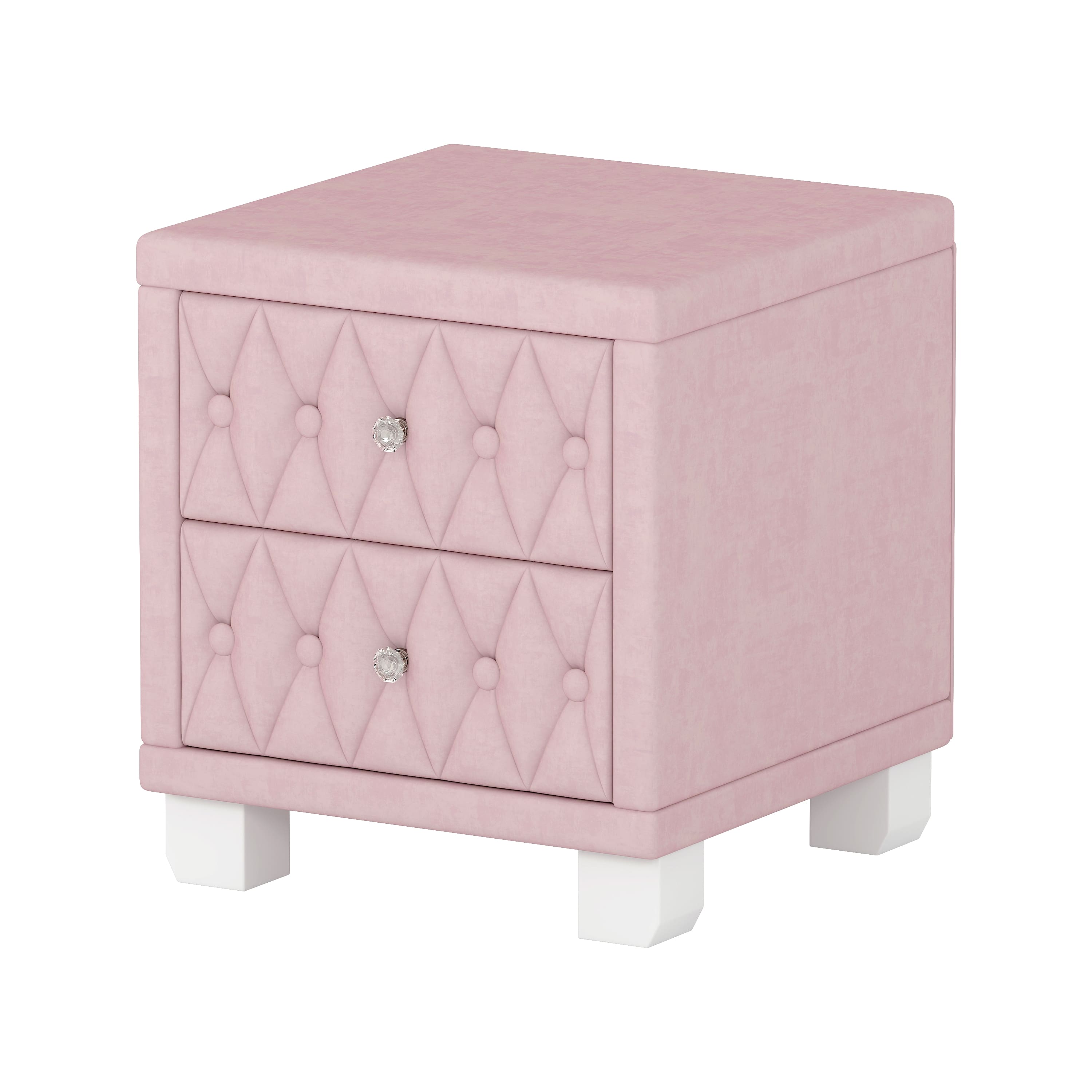 Spaco - Elegant Velvet Nightstand with 2 Drawers and Crystal Handle, Storage Bedside Table with Button-Tufted for Bedroom - Pink