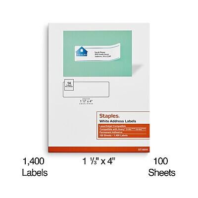 14 1 1.5 x 4" Staples. White Address Labels LeserSrijet Compatible Avery 5142 9142 Permanent 100 Sheets 400 ST10059 1,400 Labels 1 1/3 X 4" 100 Sheets