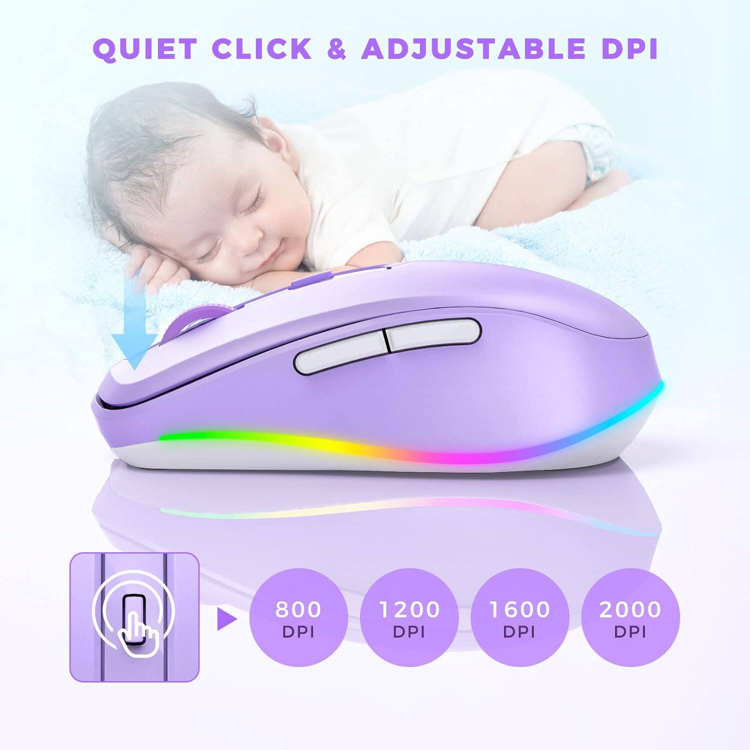 QUIET CLICK & ADJUSTABLE DPI

800 DPI  
1200 DPI  
1600 DPI  
2000 DPI