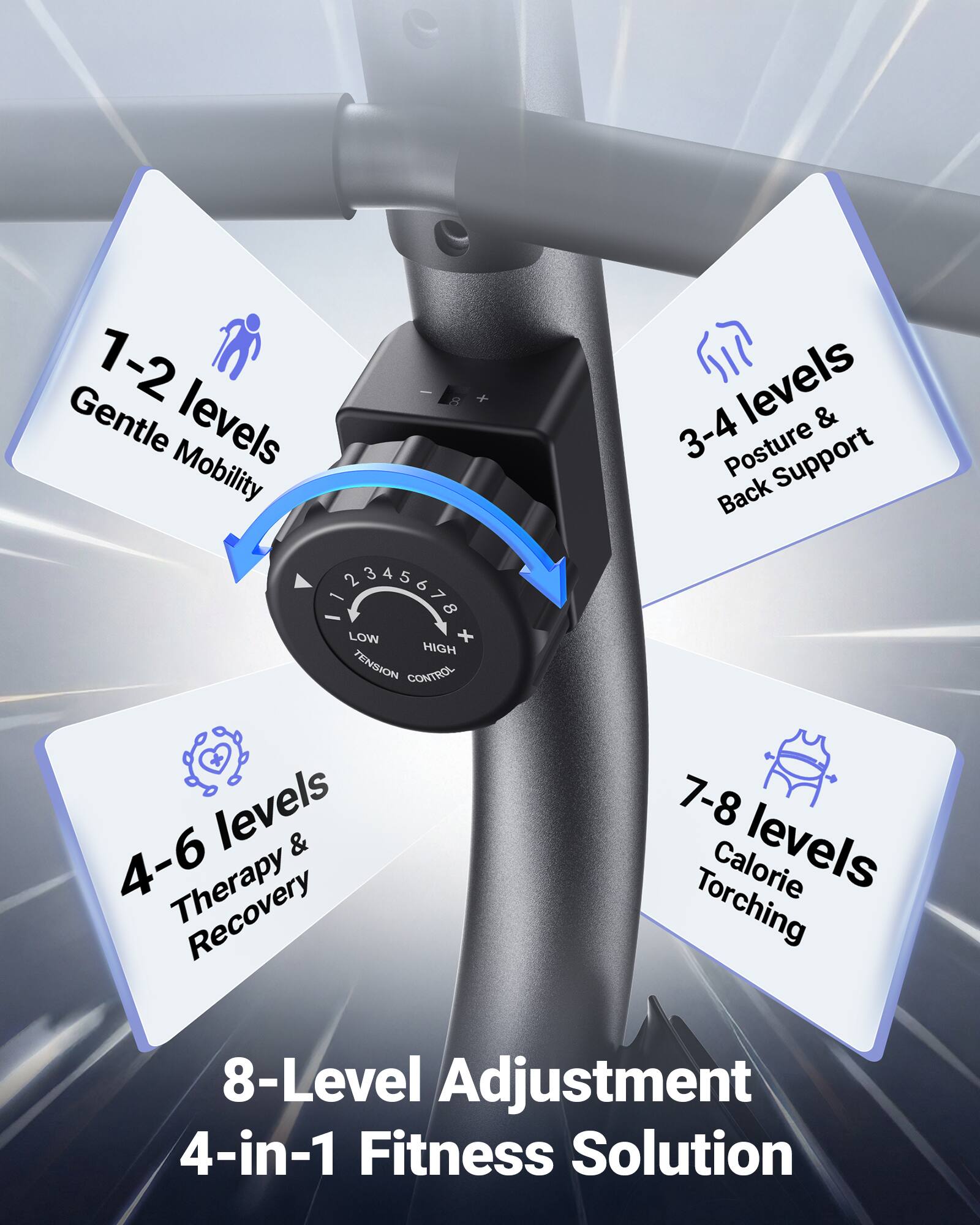 1-2 Gentle levels Mobility  
2-3 Low + High Tension Control  
3-4 Posture Support Back levels  
4-6 Therapy & Recovery  
7-8 Calorie levels Torching  
8-Level Adjustment  
4-in-1 Fitness Solution