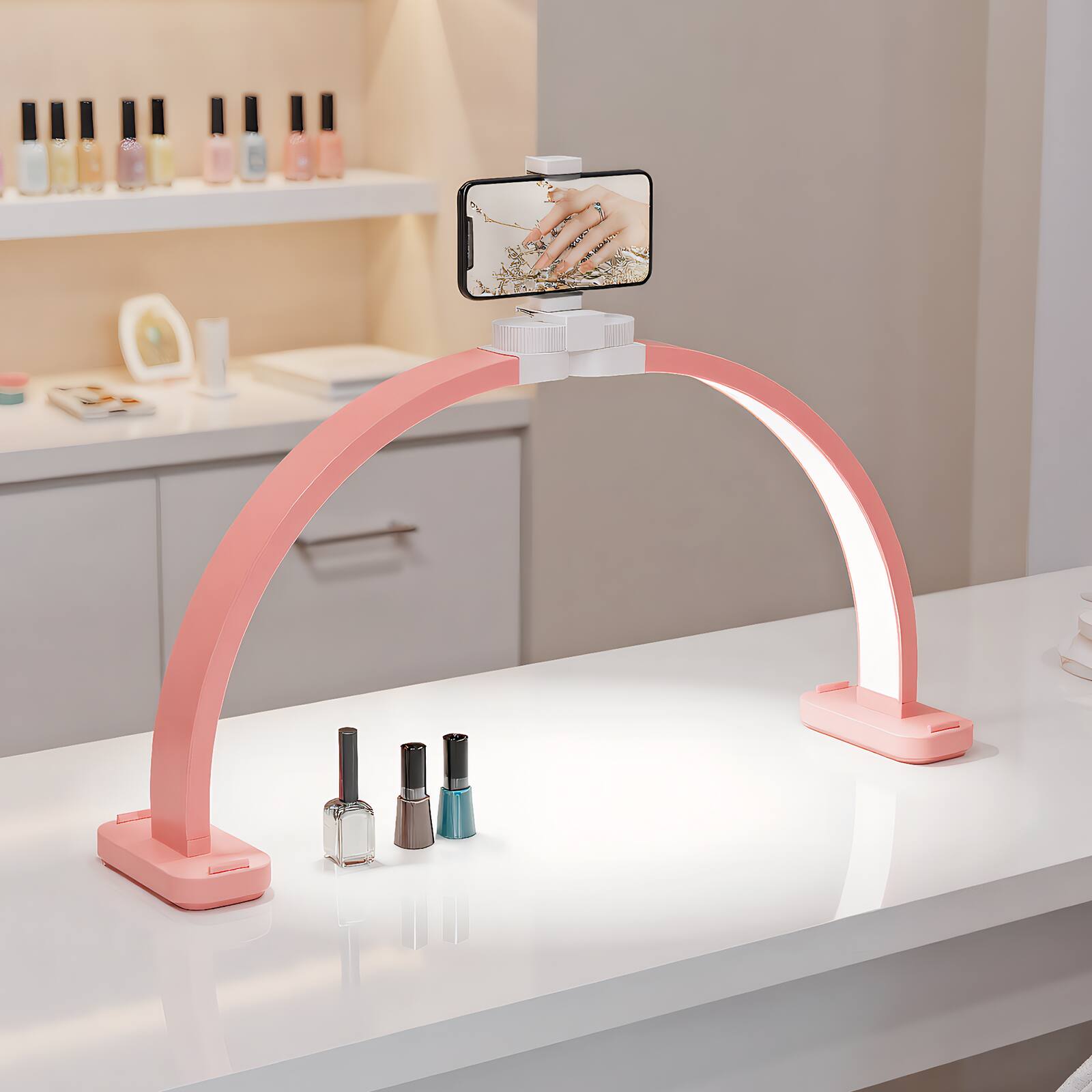 Left. Winado - Professional Nail Desk Lamp w/ Multi-Angle Phone Stand, Adjustable Color Temperature, LED Light Bar for Nail Technicians - Pink.