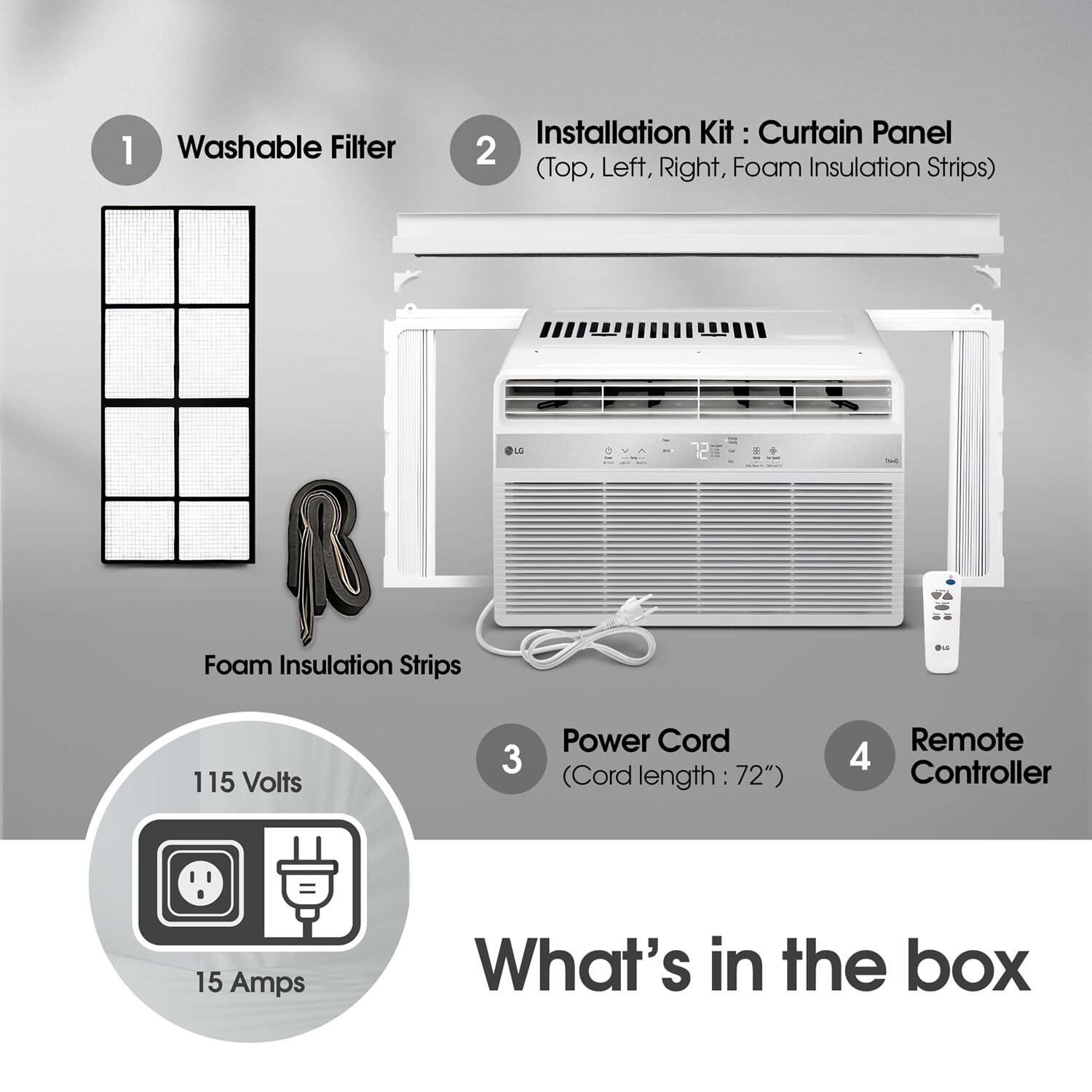 The text on the image is grouped and corrected as follows:
1. Washable Filter Installation Kit
2. Curtain Panel
3. Foam Insulation Strips
4. Power Cord (Cord length: 72")
5. Remote Control
6. Controller
7. 15 Amps
8. What's in the box