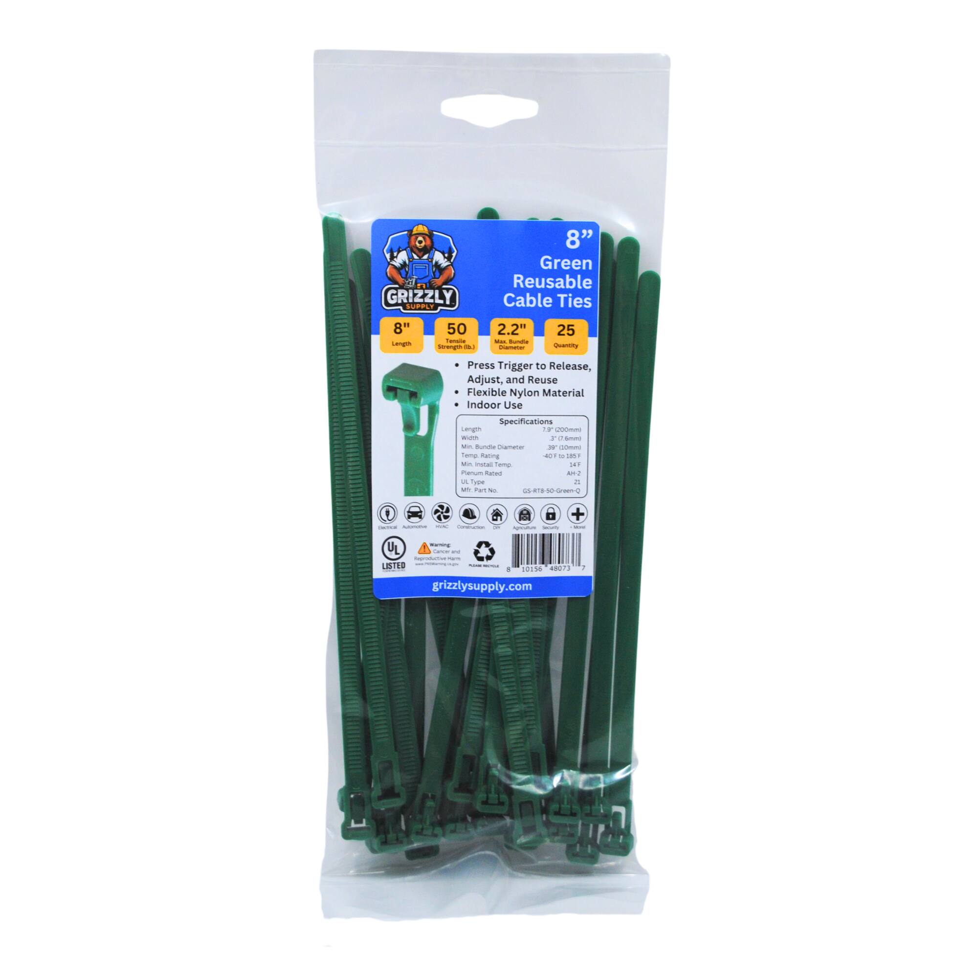 GRIZZLY 8" 50 - Green Reusable Cable Ties 2.2" 25 - Press Trigger to Release, Adjust, and Reuse Flexible Nylon Material Indoor Use Specifications . N a  Smas - Munta aene W  Tma nuaring 4 - 1 - - famp 1A Paum Ara Am - -. vee a - - - 020  0    + - UL Caca - LISTED  10116 0 grizzlysupply.com .