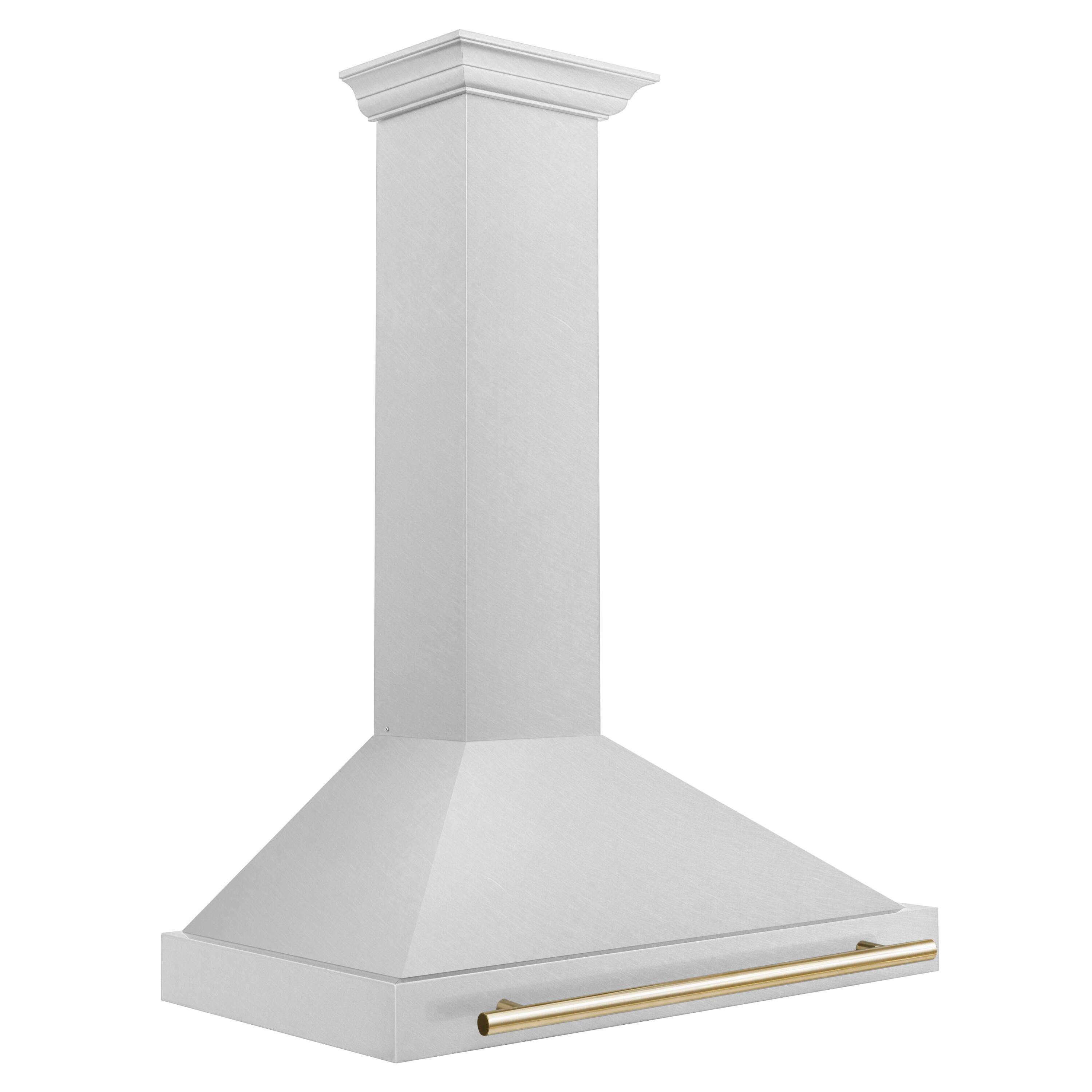 Angle. ZLINE - ZLINE Autograph Edition 36 in. Convertible Satin Stainless Steel Wall Mount Range Hood with Polished Gold Handle - Stainless steel.