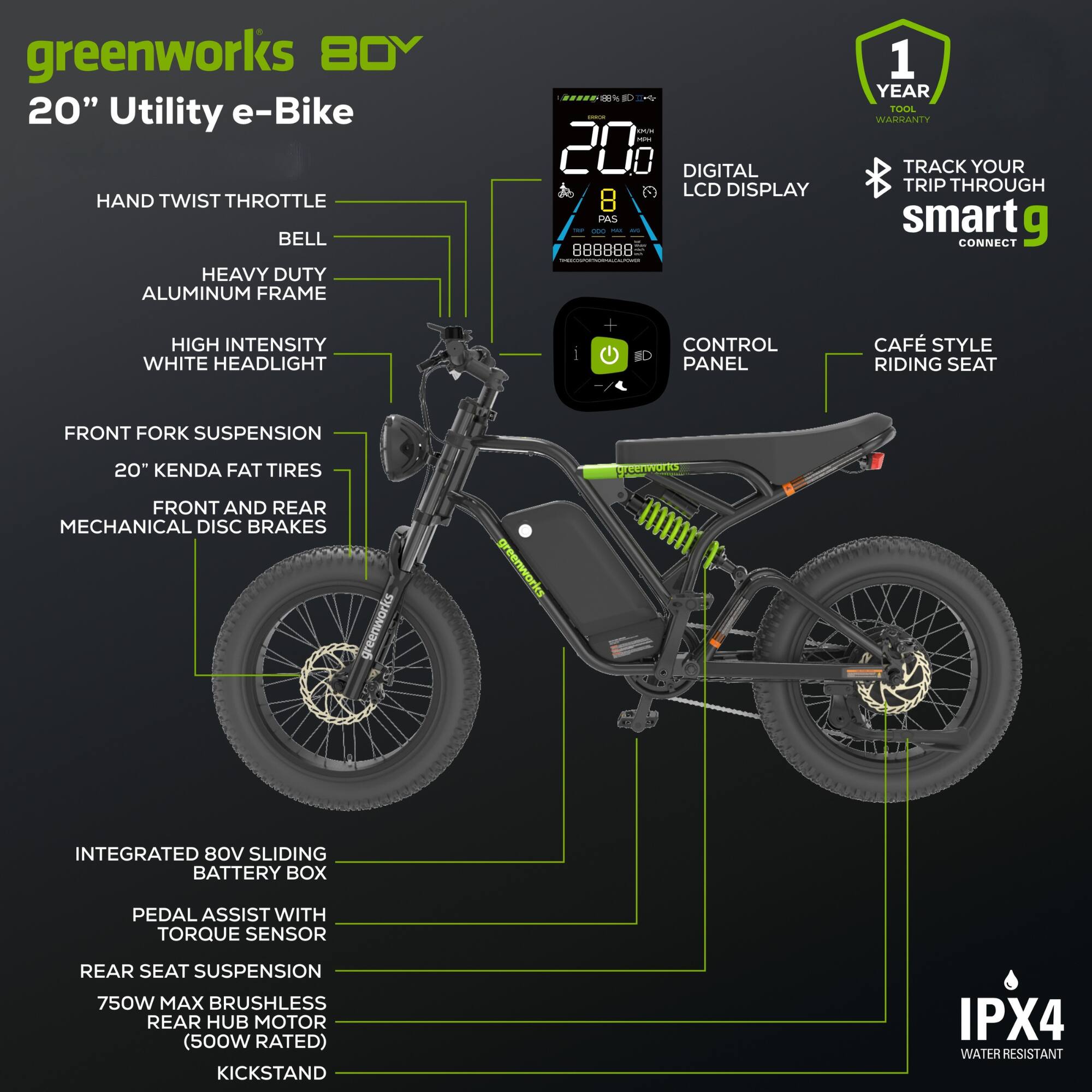 greenworks BOY 20" Utility e-Bike  
HAND TWIST THROTTLE  
BELL  
HEAVY DUTY ALUMINUM FRAME  
DIGITAL LCD DISPLAY  
8 PAS  
1 YEAR TOOL WARRANTY  
TRACK YOUR TRIP THROUGH smart CONNECT  
HIGH INTENSITY WHITE HEADLIGHT  
CONTROL PANEL  
CAFÉ STYLE RIDING SEAT  
FRONT FORK SUSPENSION  
20" KENDA FAT TIRES  
FRONT AND REAR MECHANICAL DISC BRAKES  
INTEGRATED 80V SLIDING BATTERY BOX  
PEDAL ASSIST WITH TORQUE SENSOR  
REAR SEAT SUSPENSION  
750W MAX BRUSHLESS REAR HUB MOTOR (500W RATED)  
KICKSTAND  
IPX4 WATER RESISTANT